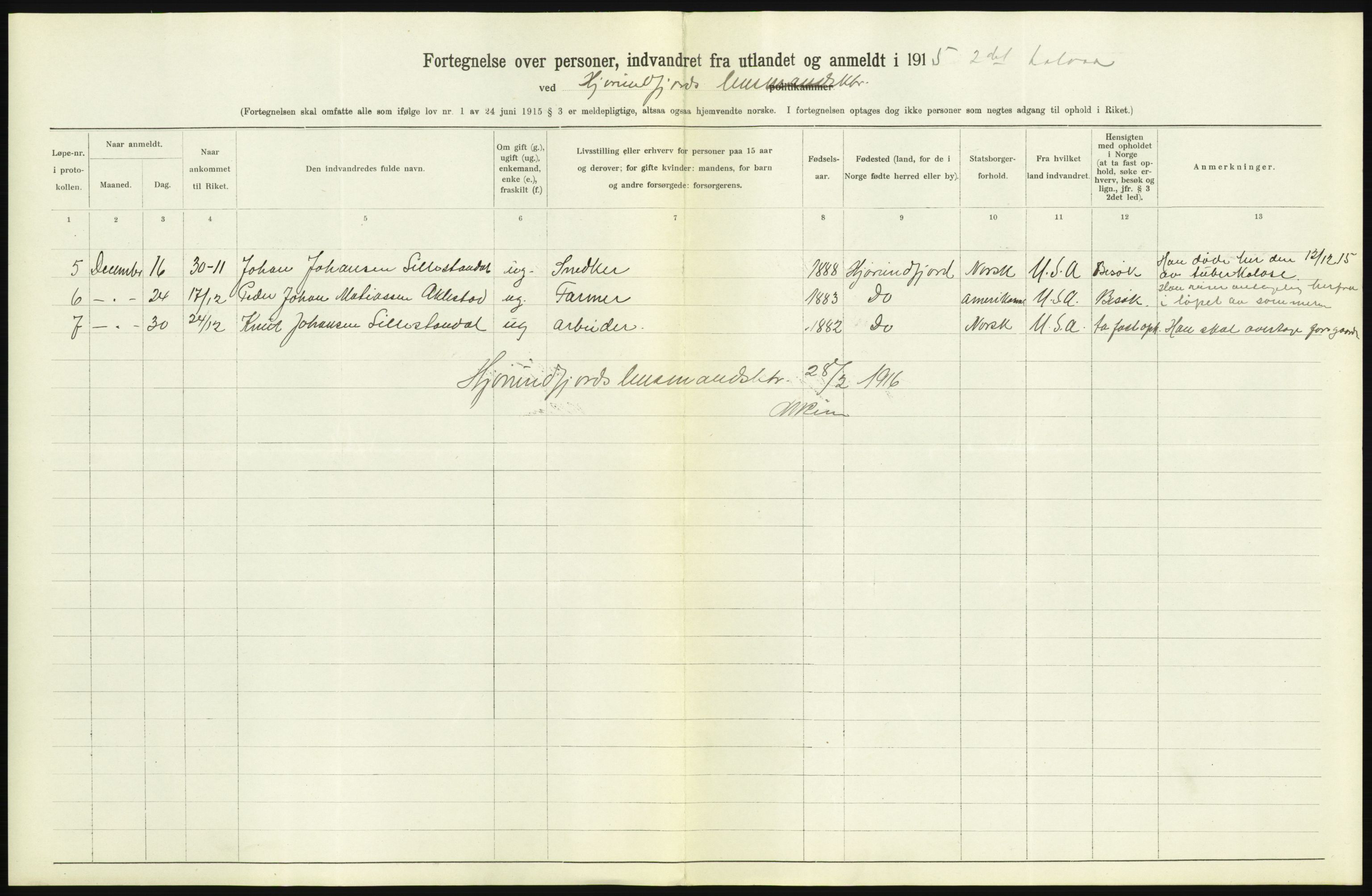 Statistisk sentralbyrå, Sosioøkonomiske emner, Folketellinger, boliger og boforhold, AV/RA-S-2231/F/Fa/L0001: Innvandring. Navn/fylkesvis, 1915, p. 476