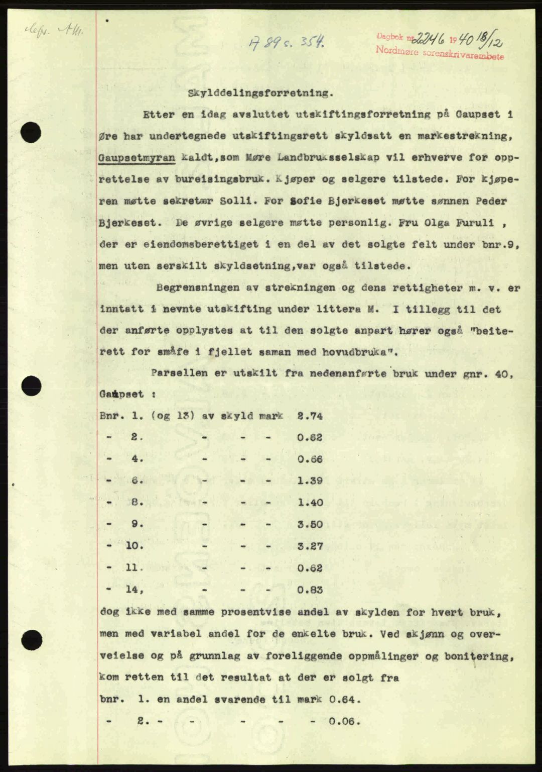 Nordmøre sorenskriveri, SAT/A-4132/1/2/2Ca: Mortgage book no. A89, 1940-1941, Diary no: : 2246/1940
