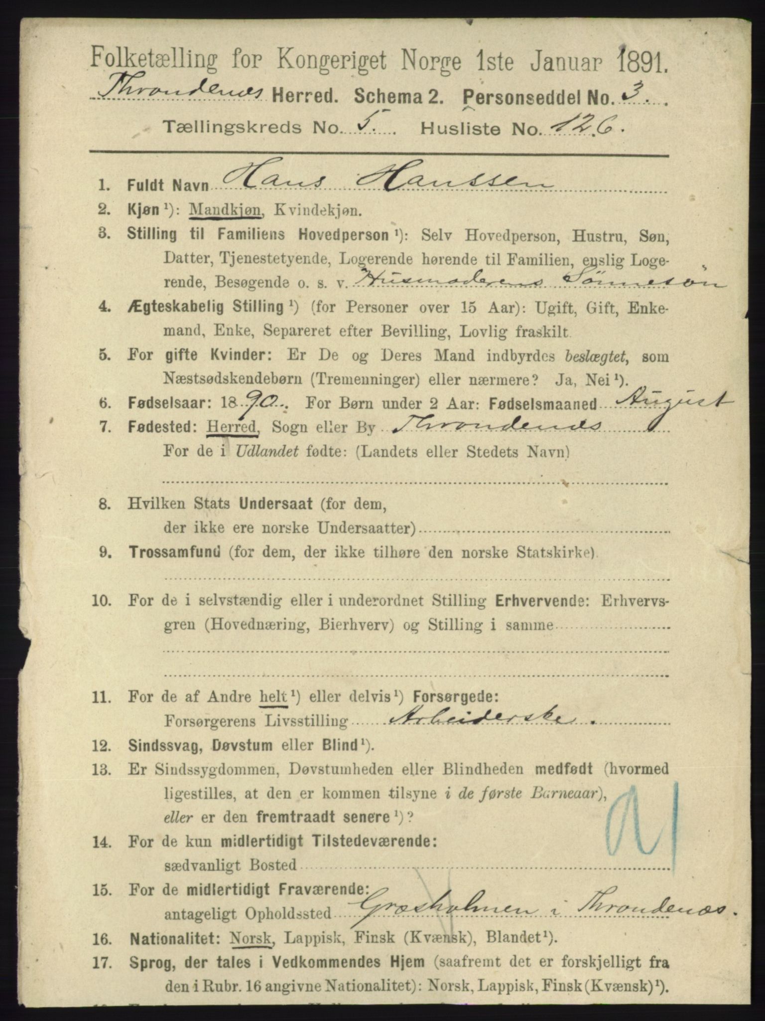 RA, 1891 census for 1914 Trondenes, 1891, p. 3742