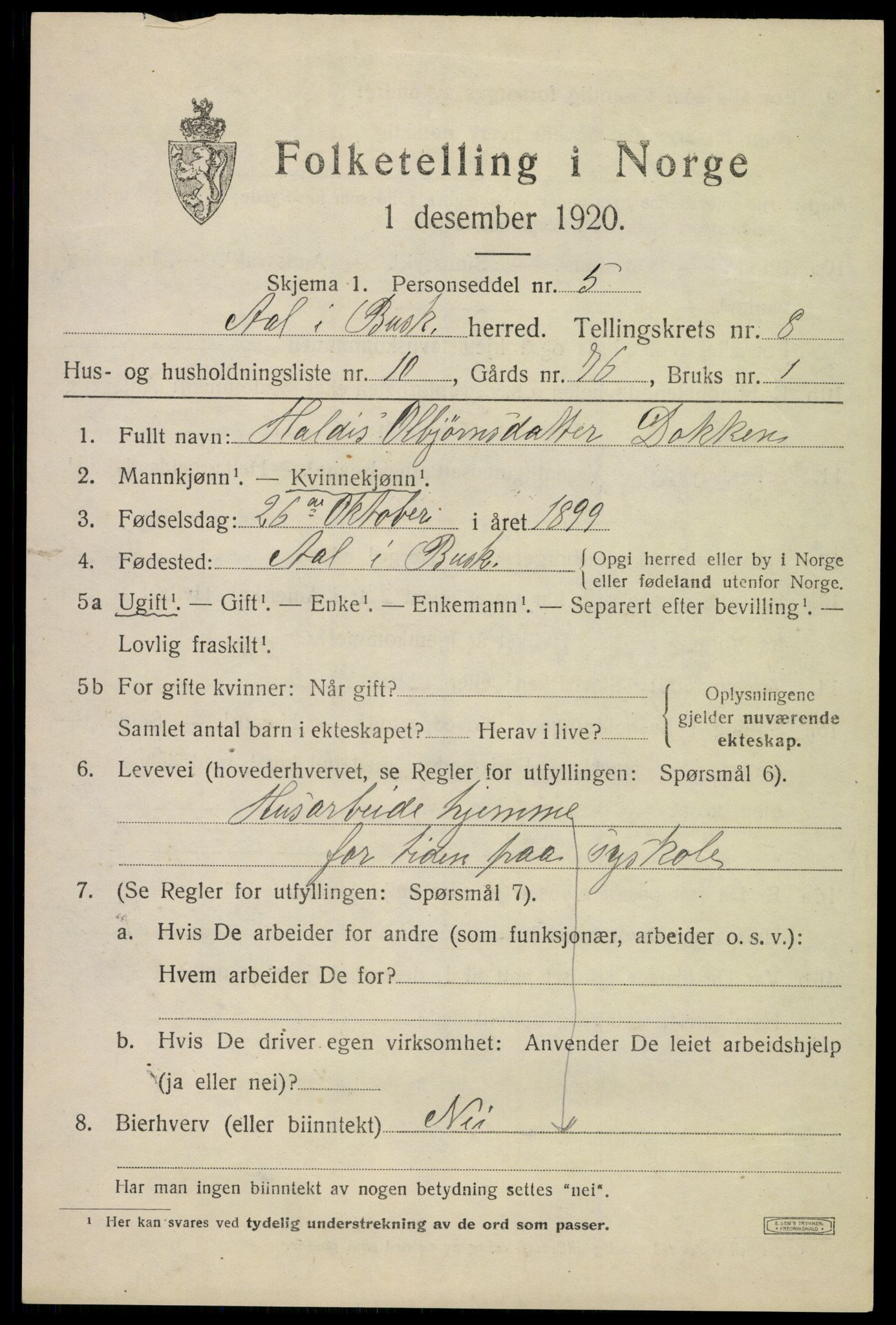 SAKO, 1920 census for Ål, 1920, p. 5432