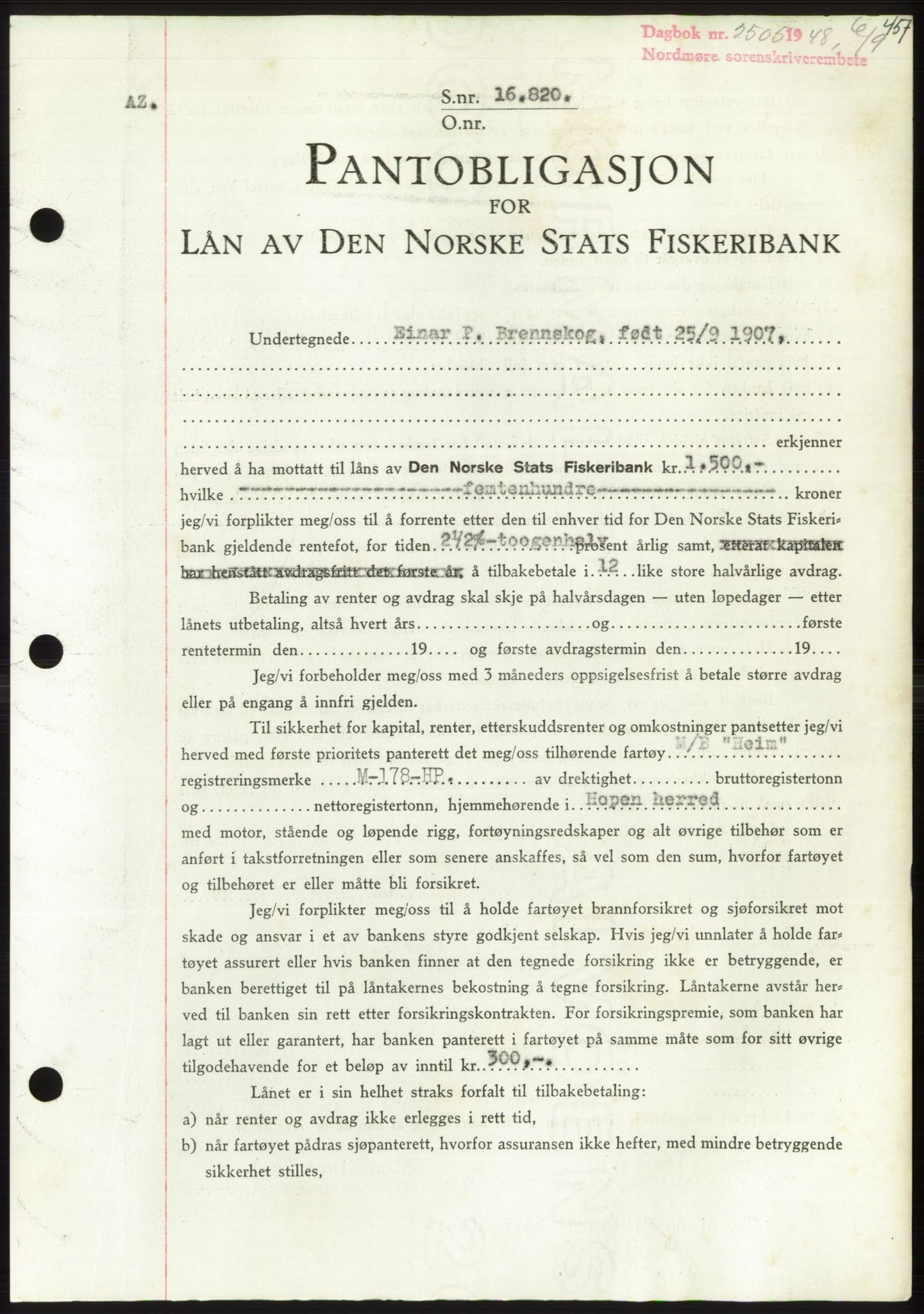 Nordmøre sorenskriveri, AV/SAT-A-4132/1/2/2Ca: Mortgage book no. B99, 1948-1948, Diary no: : 2505/1948