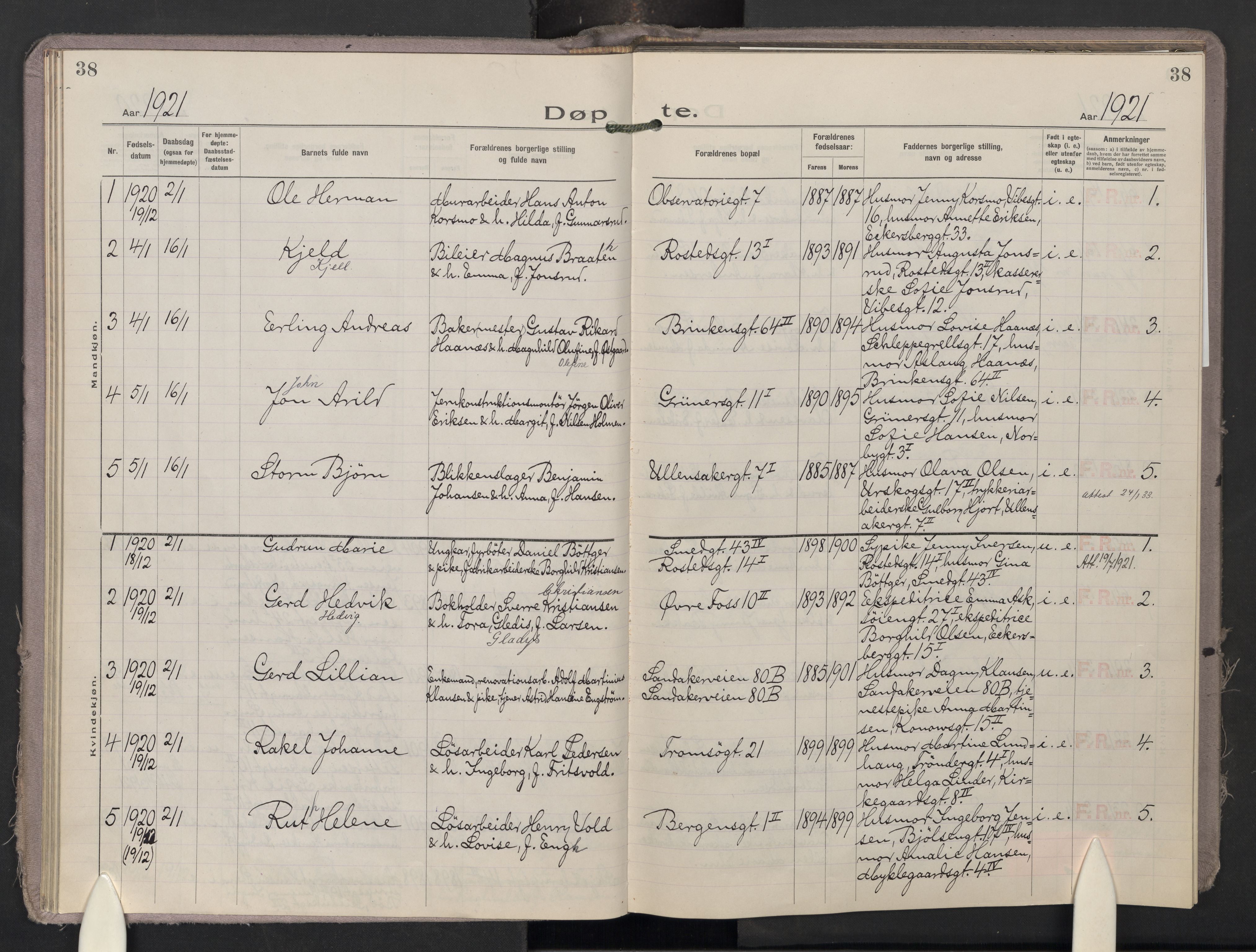 Krohgstøtten sykehusprest Kirkebøker, AV/SAO-A-10854/F/Fa/L0005: Parish register (official) no. 5, 1918-1959, p. 38