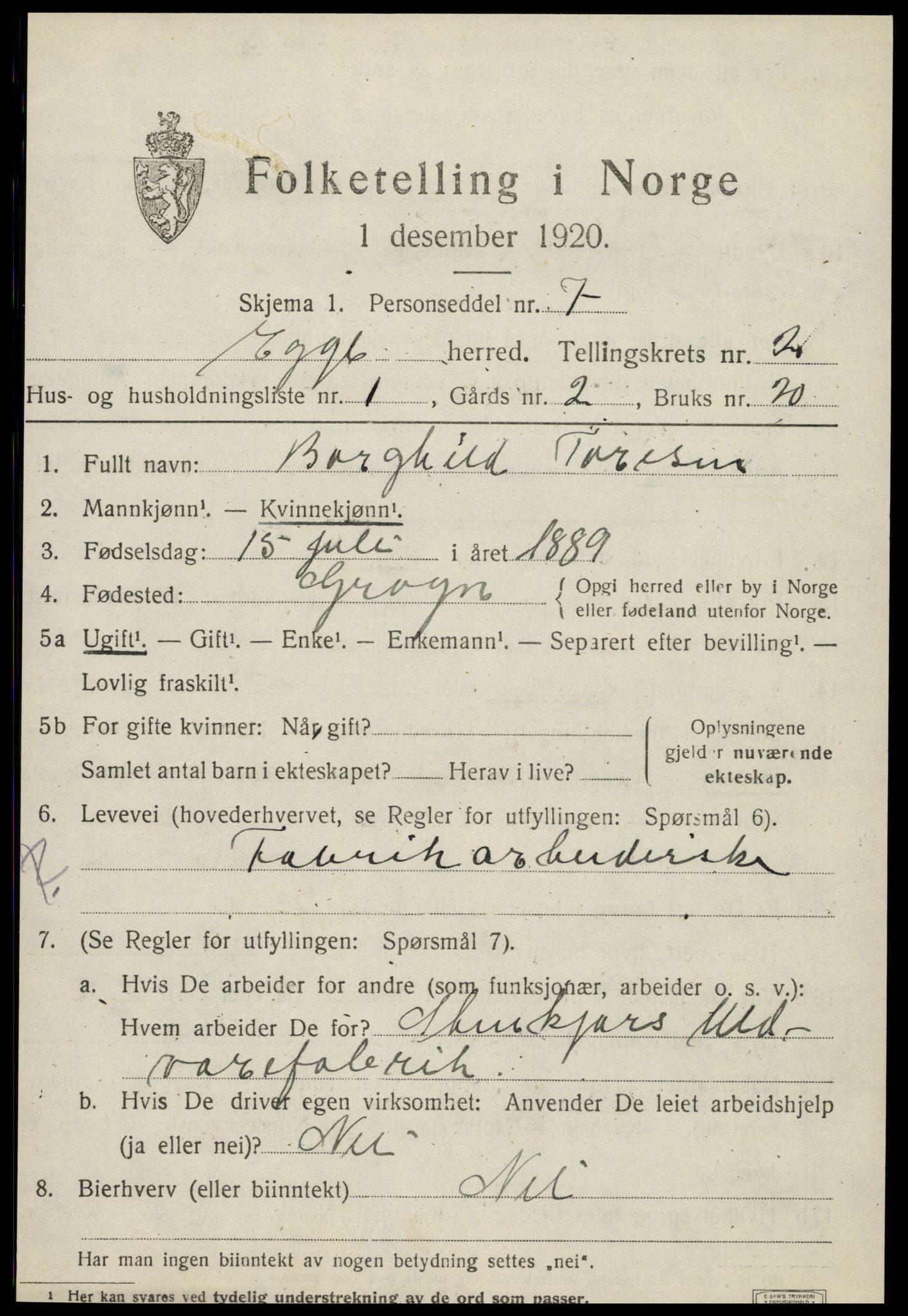 SAT, 1920 census for Egge, 1920, p. 1046