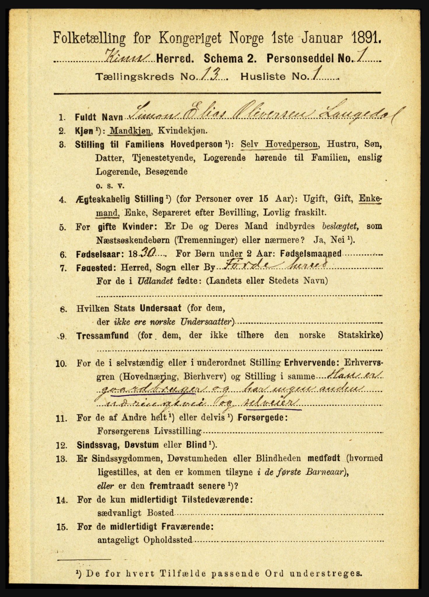 RA, 1891 census for 1437 Kinn, 1891, p. 5049