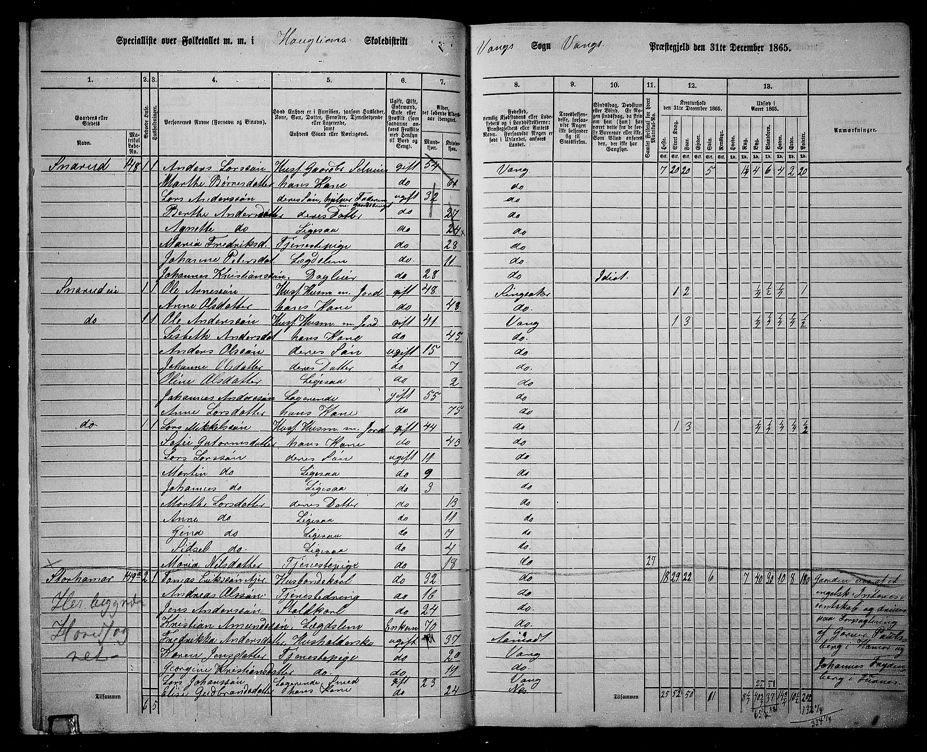 RA, 1865 census for Vang/Vang og Furnes, 1865, p. 157