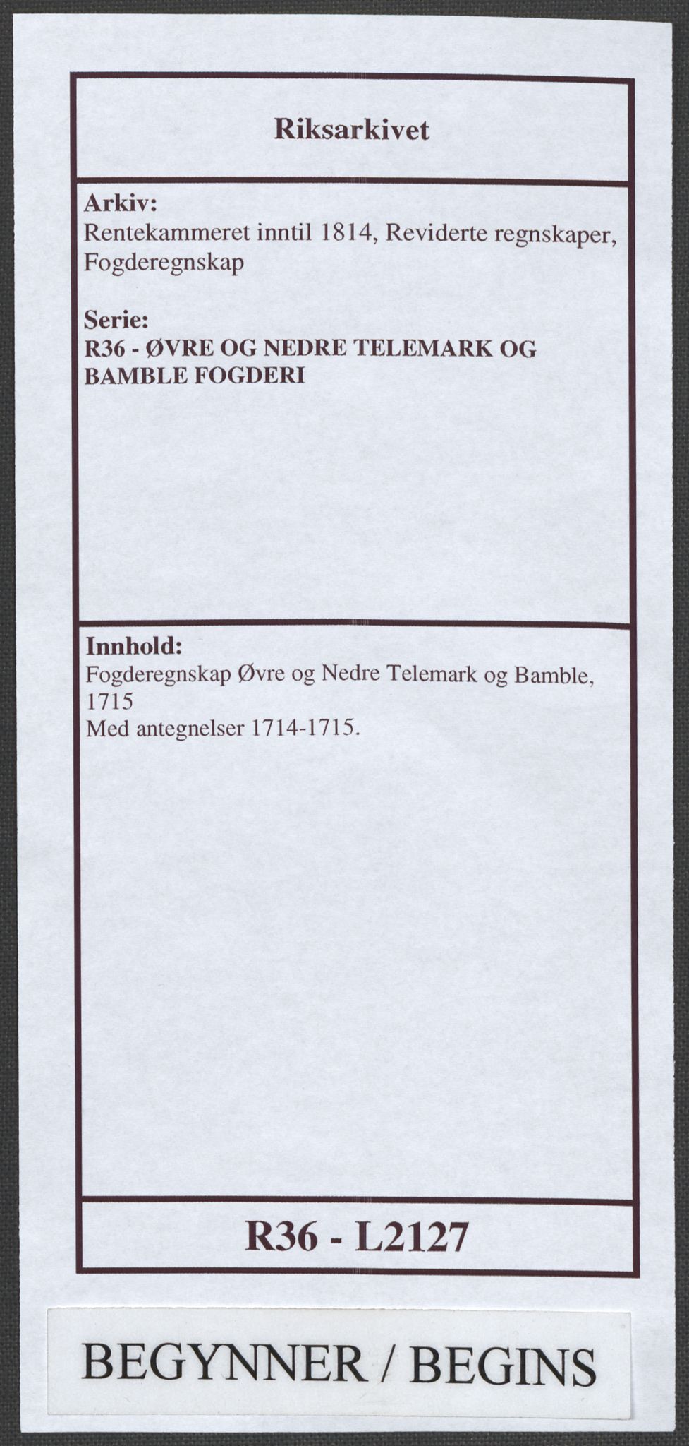 Rentekammeret inntil 1814, Reviderte regnskaper, Fogderegnskap, RA/EA-4092/R36/L2127: Fogderegnskap Øvre og Nedre Telemark og Bamble, 1715, p. 1