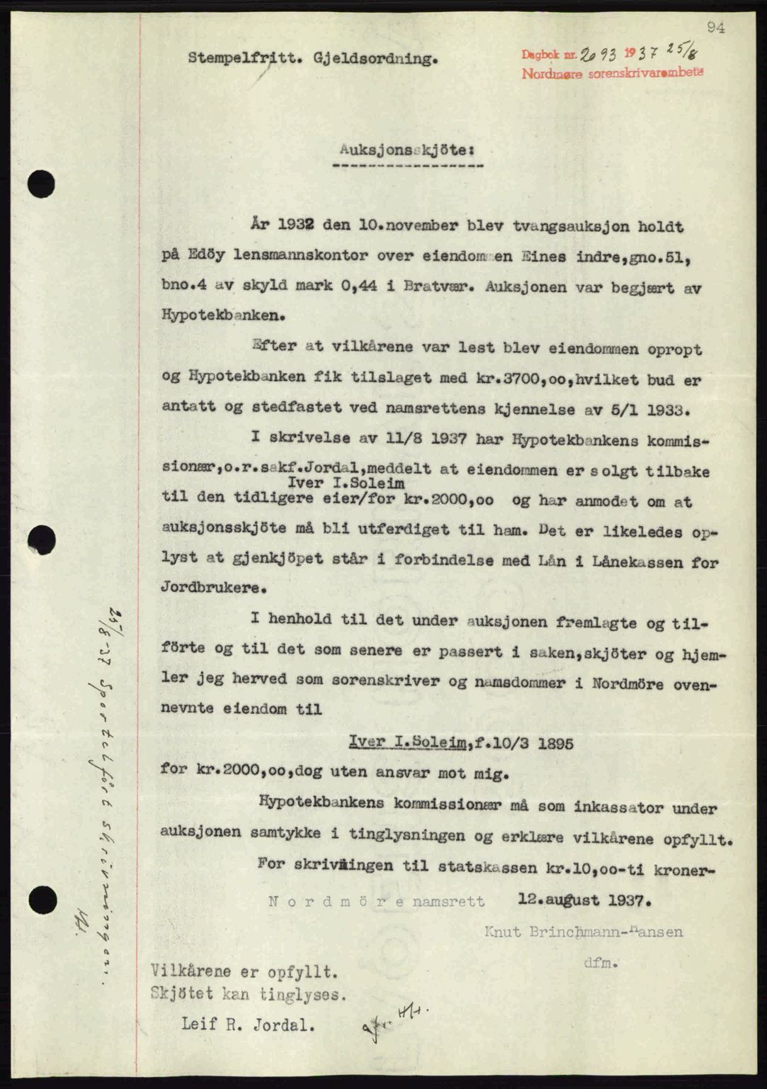 Nordmøre sorenskriveri, SAT/A-4132/1/2/2Ca: Mortgage book no. A82, 1937-1938, Diary no: : 2093/1937
