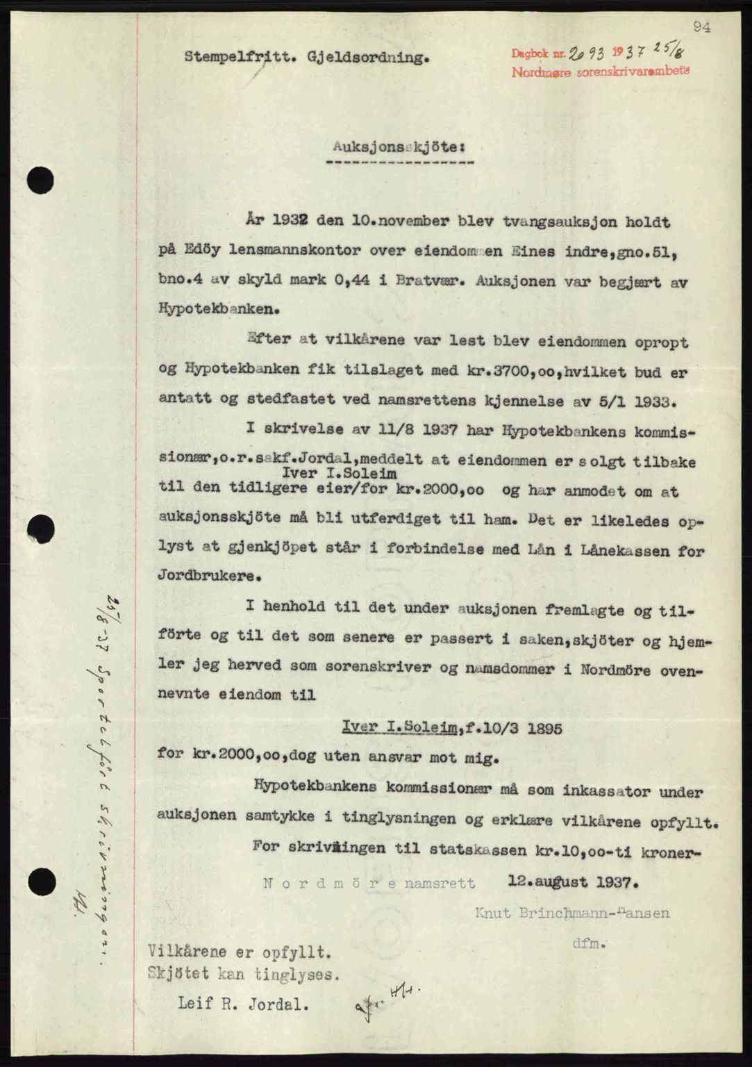 Nordmøre sorenskriveri, AV/SAT-A-4132/1/2/2Ca: Mortgage book no. A82, 1937-1938, Diary no: : 2093/1937