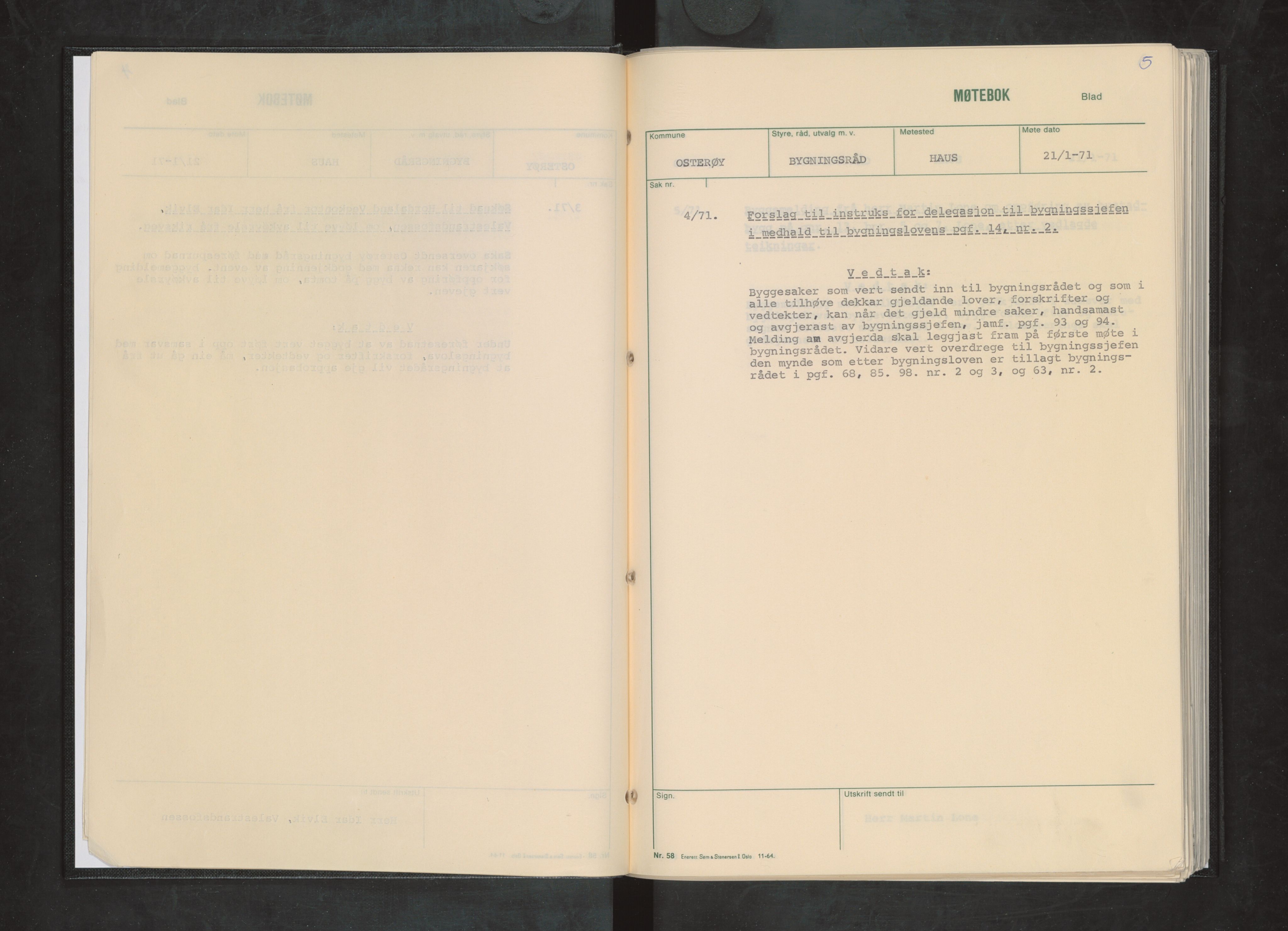 Osterøy kommune. Bygningsrådet, IKAH/1253b-511/A/Aa/L0006: Møtebok Osterøy bygningsråd, 1971