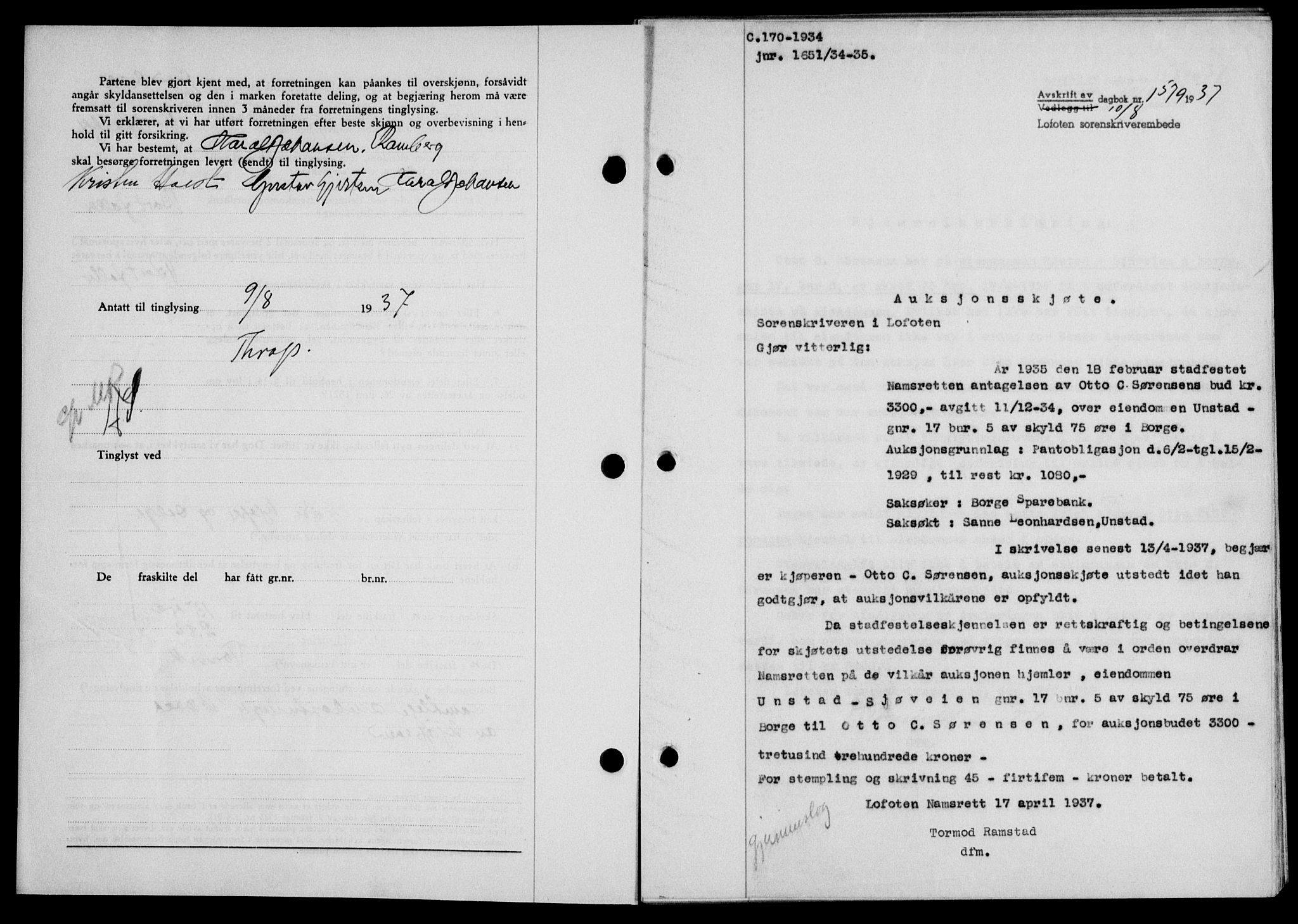 Lofoten sorenskriveri, SAT/A-0017/1/2/2C/L0002a: Mortgage book no. 2a, 1937-1937, Diary no: : 1579/1937