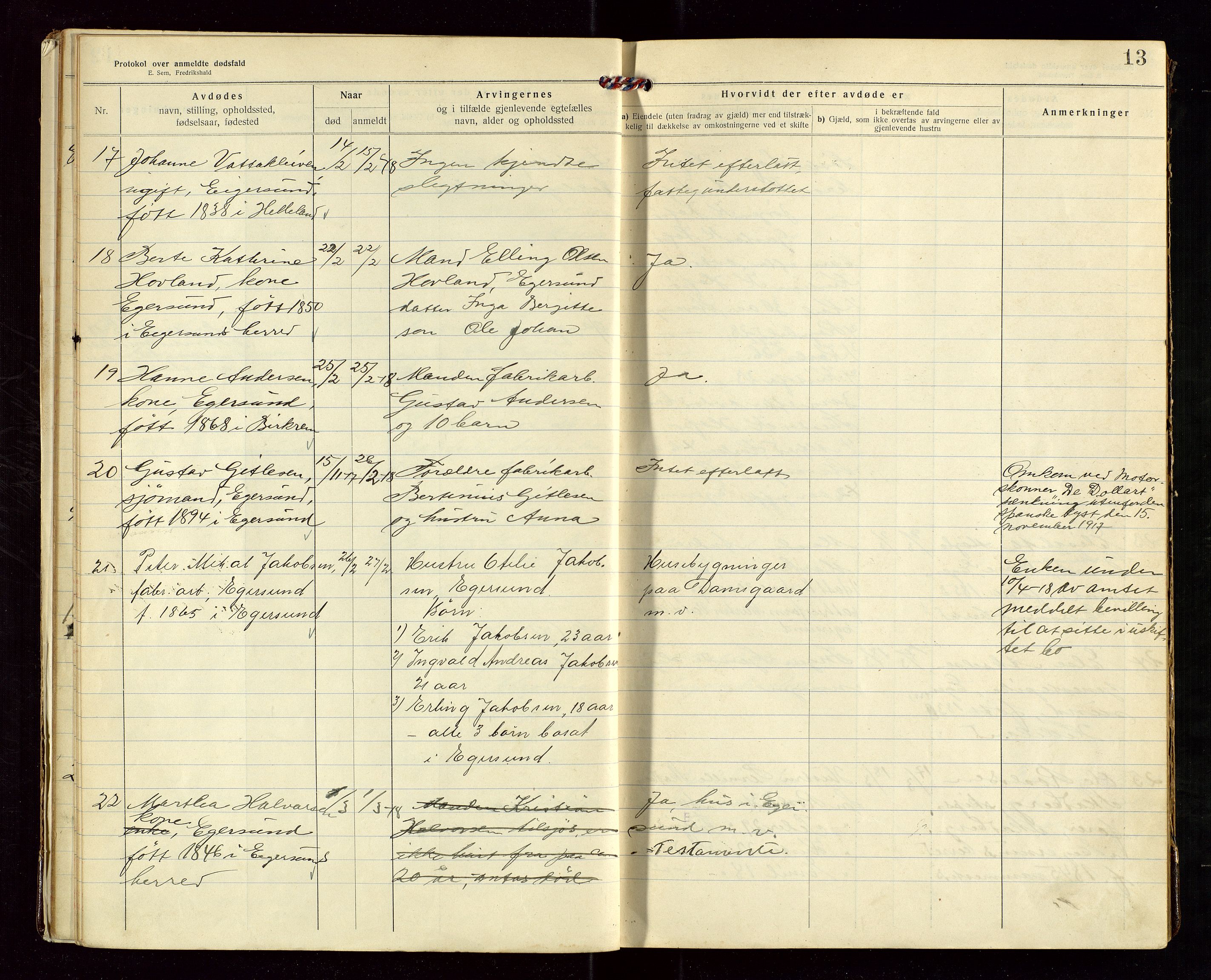 Eigersund lensmannskontor, SAST/A-100171/Gga/L0007: "Protokol over anmeldte dødsfald" m/alfabetisk navneregister, 1917-1920, p. 13