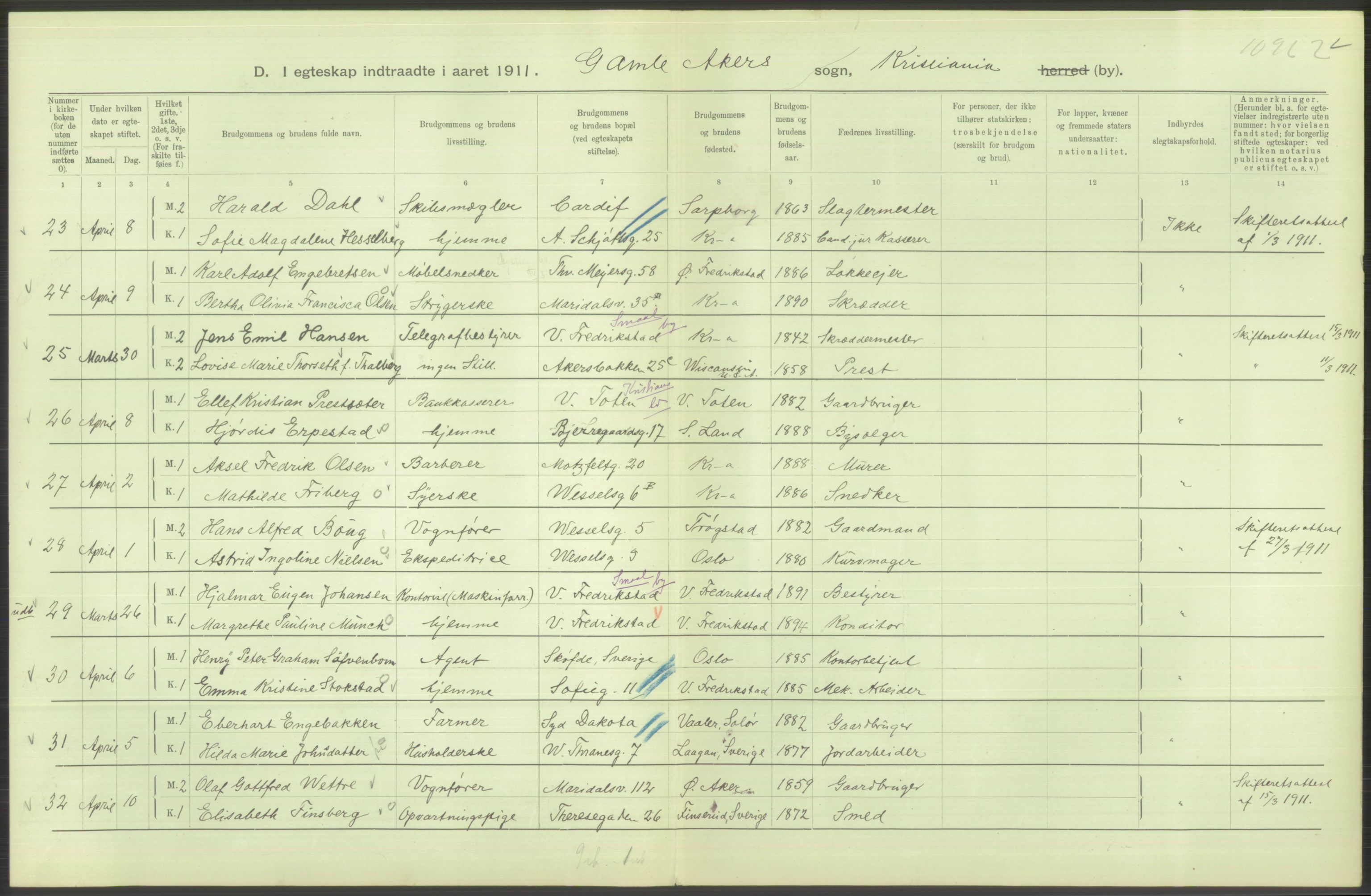 Statistisk sentralbyrå, Sosiodemografiske emner, Befolkning, RA/S-2228/D/Df/Dfb/Dfba/L0008: Kristiania: Gifte, 1911, p. 624