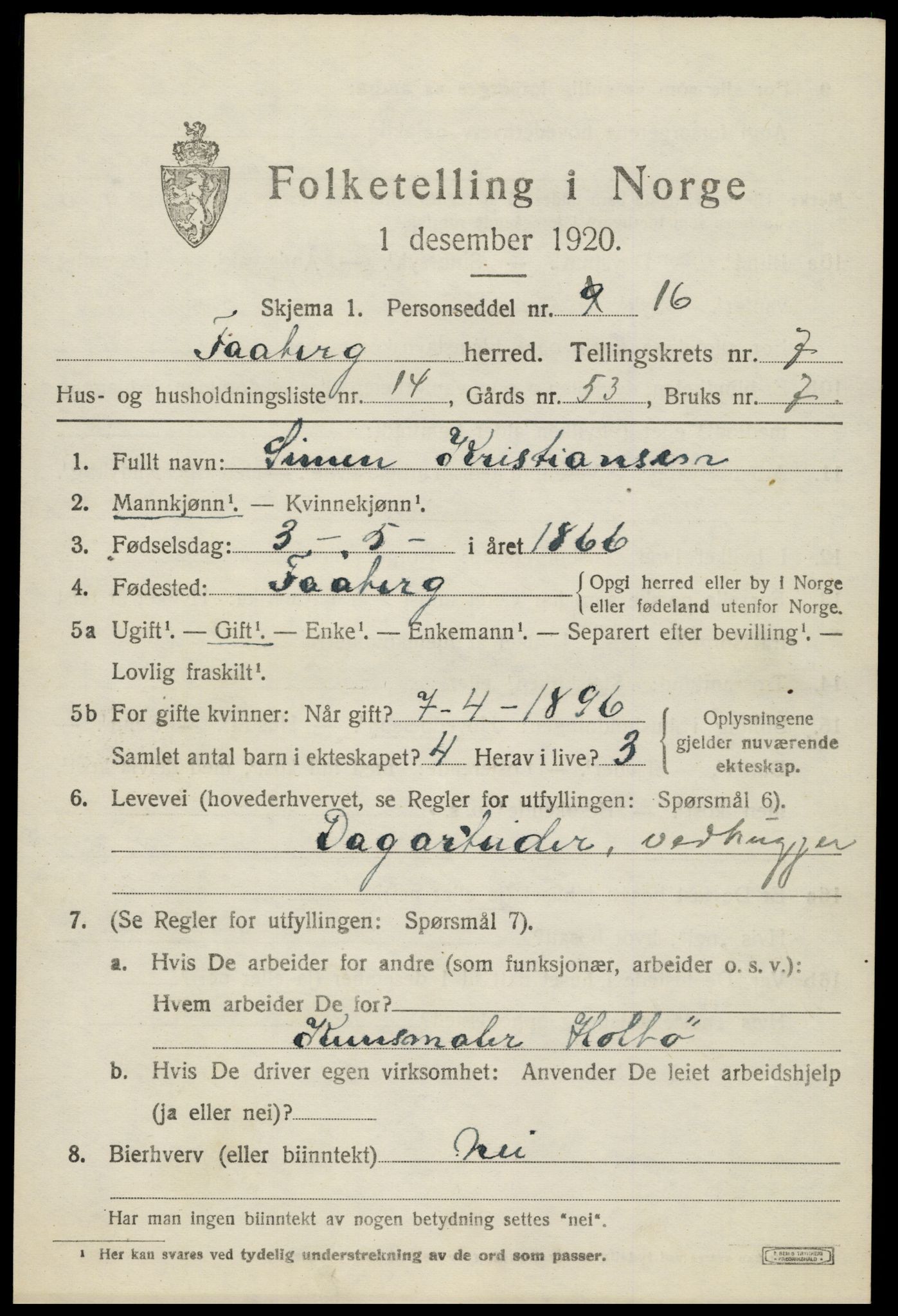 SAH, 1920 census for Fåberg, 1920, p. 8006