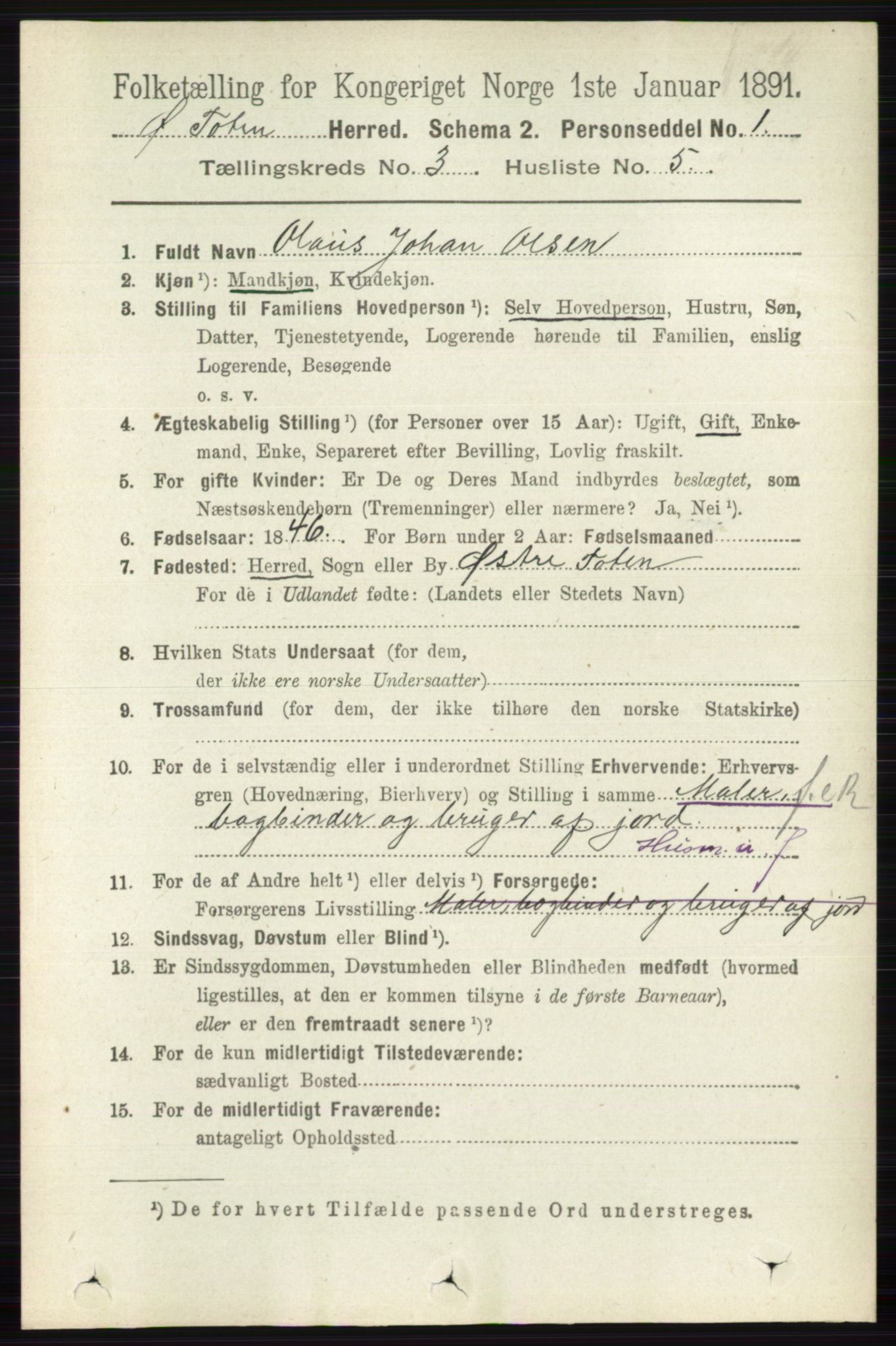 RA, 1891 census for 0528 Østre Toten, 1891, p. 1583