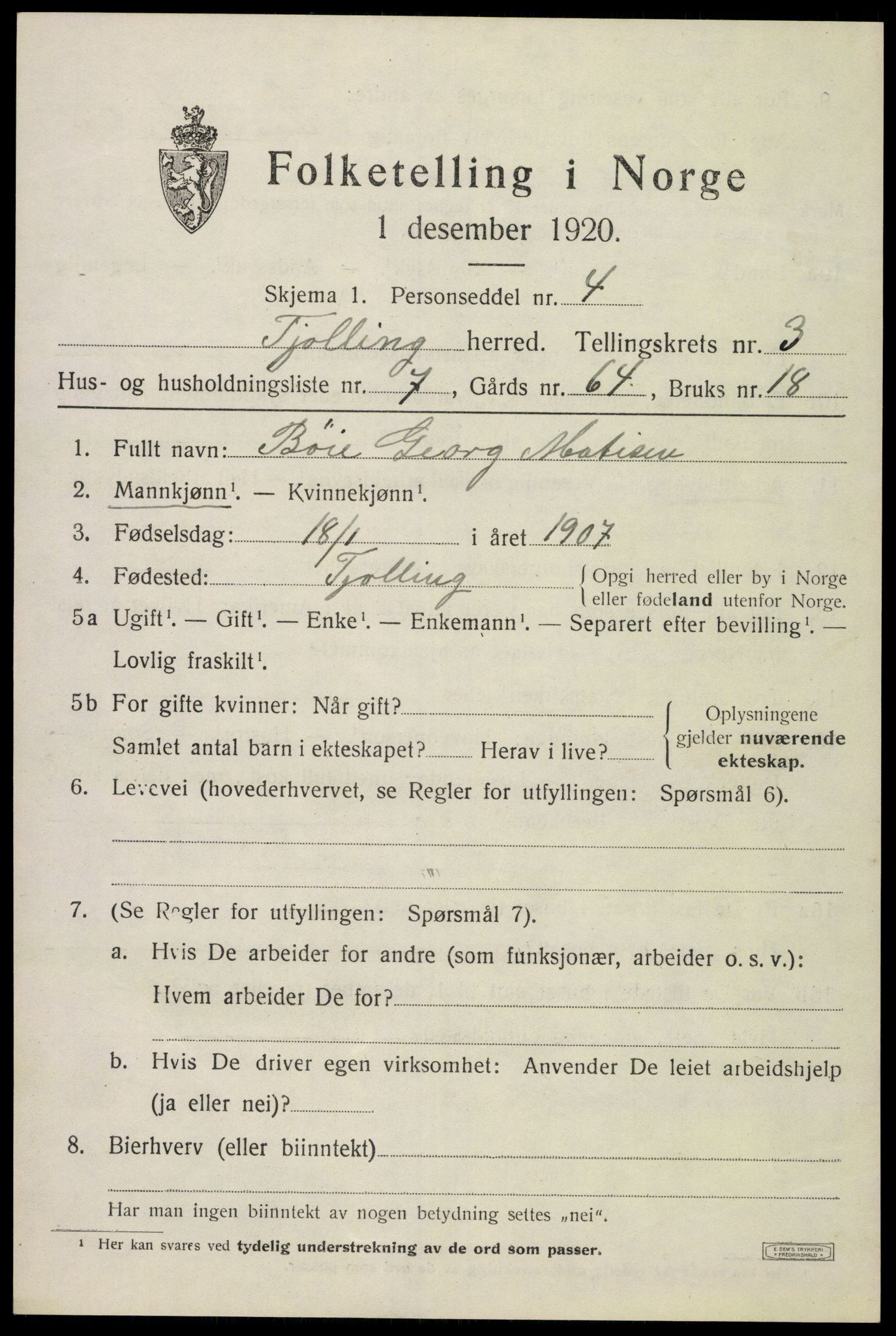 SAKO, 1920 census for Tjølling, 1920, p. 7001