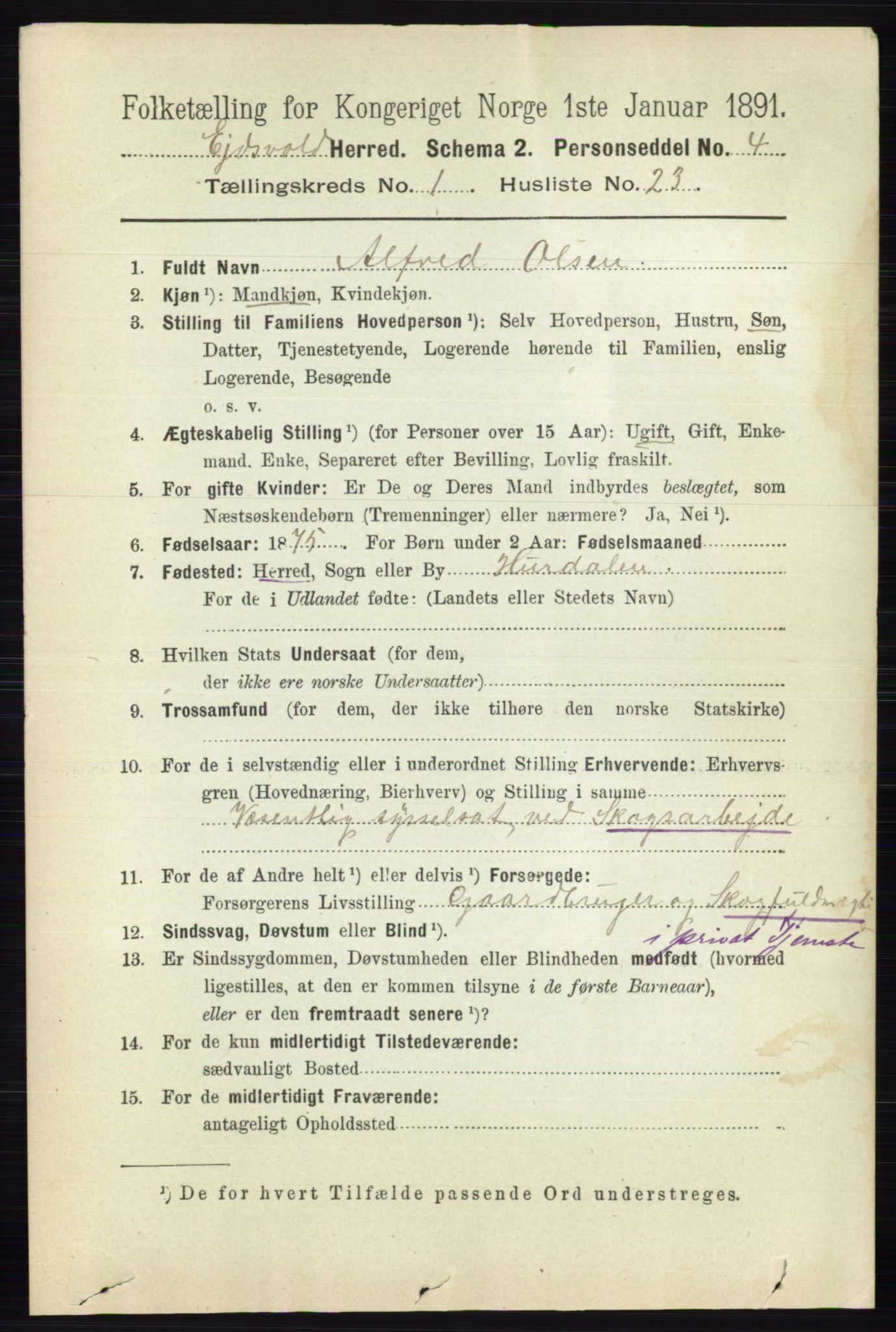 RA, 1891 census for 0237 Eidsvoll, 1891, p. 313