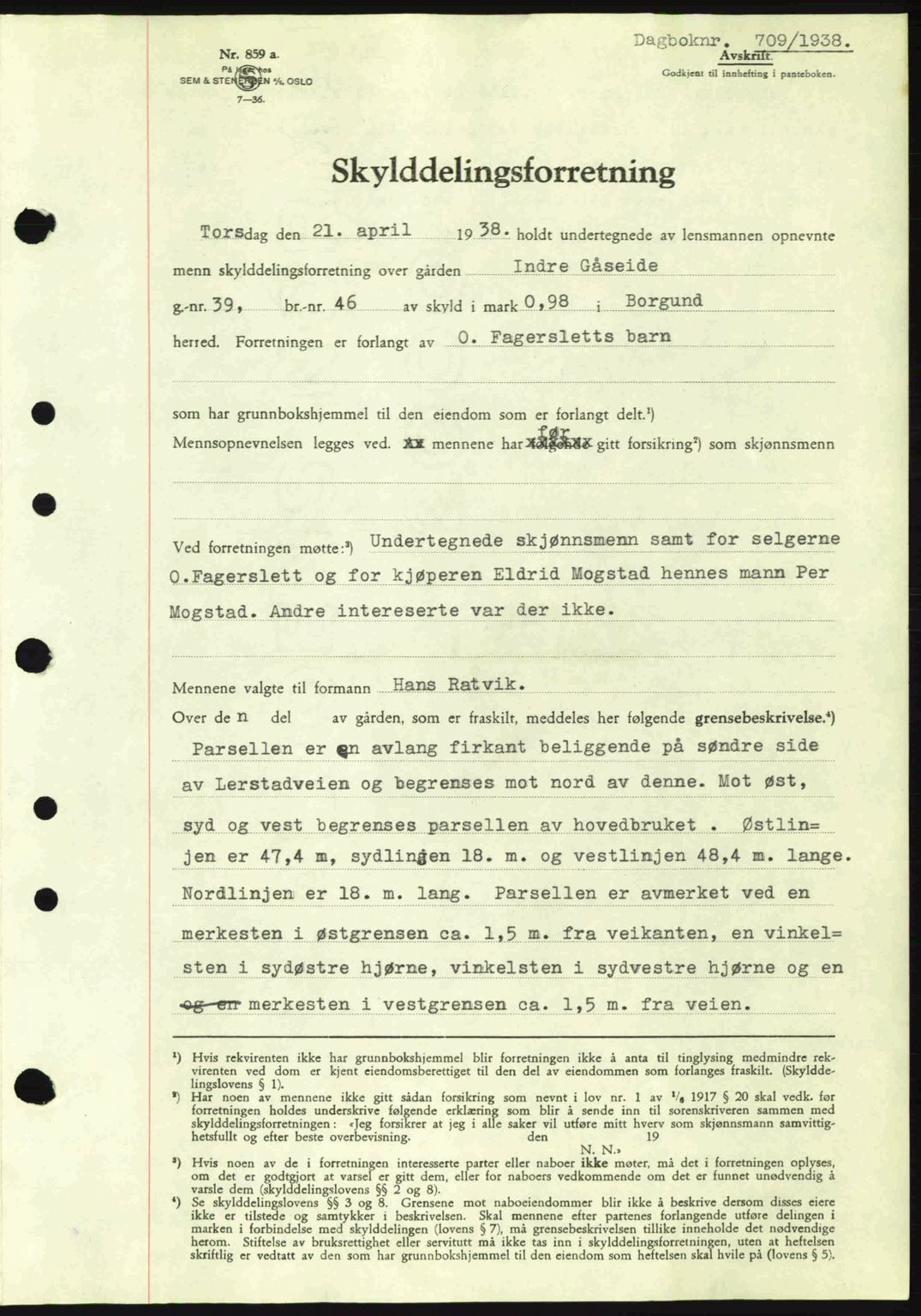 Nordre Sunnmøre sorenskriveri, AV/SAT-A-0006/1/2/2C/2Ca: Mortgage book no. A4, 1937-1938, Diary no: : 709/1938