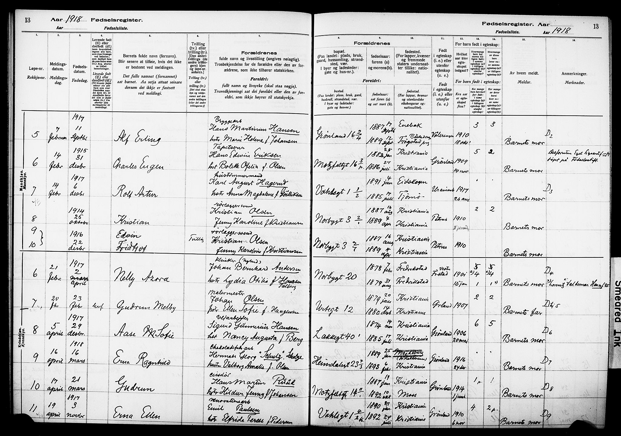 Wexel prestekontor Kirkebøker, AV/SAO-A-10879/J/L0001: Birth register no. 1, 1916-1930, p. 13