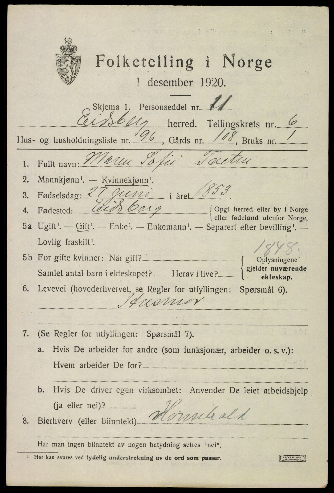 SAO, 1920 census for Eidsberg, 1920, p. 8505