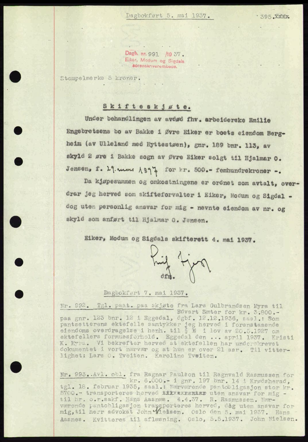 Eiker, Modum og Sigdal sorenskriveri, SAKO/A-123/G/Ga/Gab/L0035: Mortgage book no. A5, 1937-1937, Diary no: : 991/1937