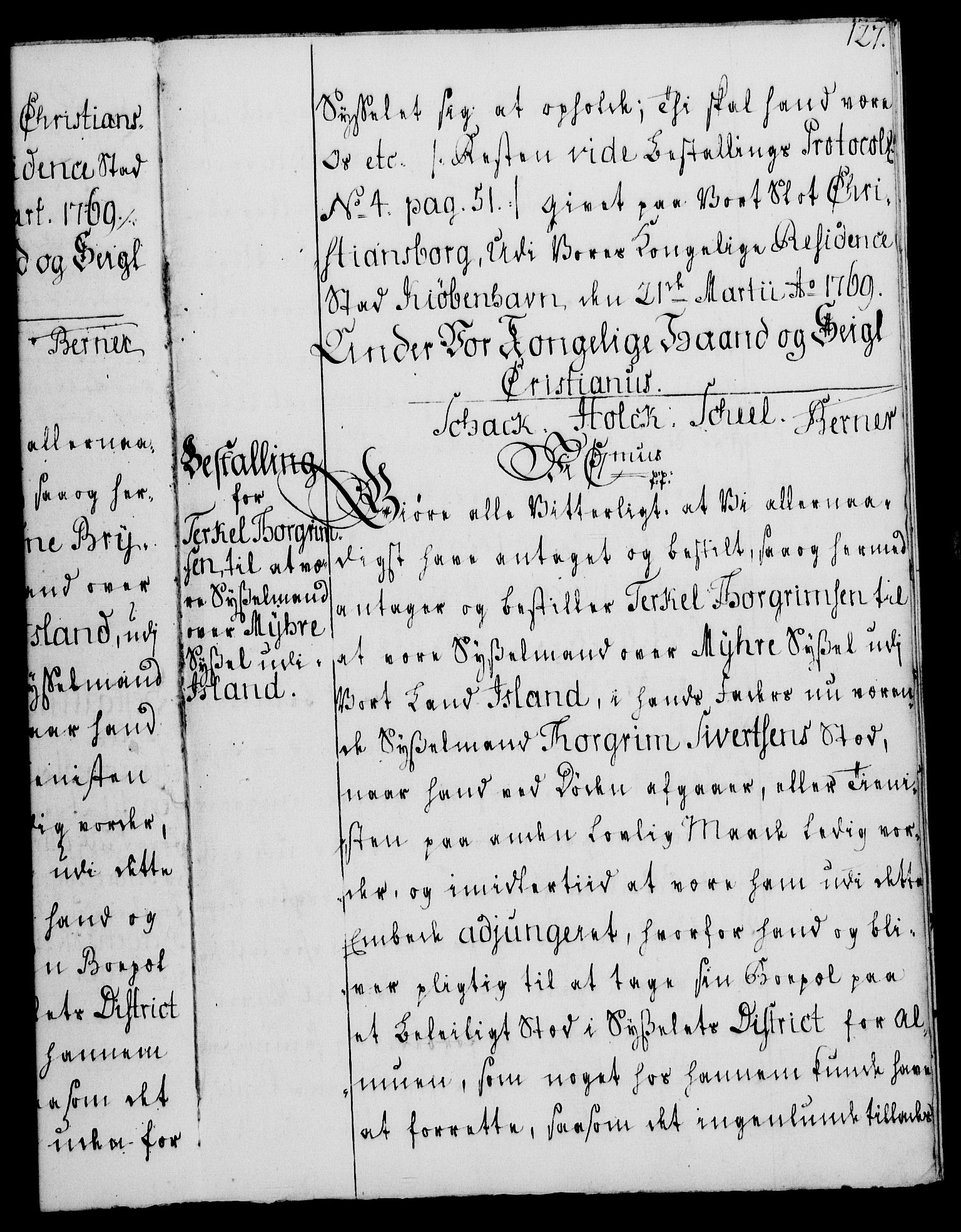 Rentekammeret, Kammerkanselliet, RA/EA-3111/G/Gg/Gge/L0004: Norsk bestallingsprotokoll med register (merket RK 53.28), 1762-1771, p. 127