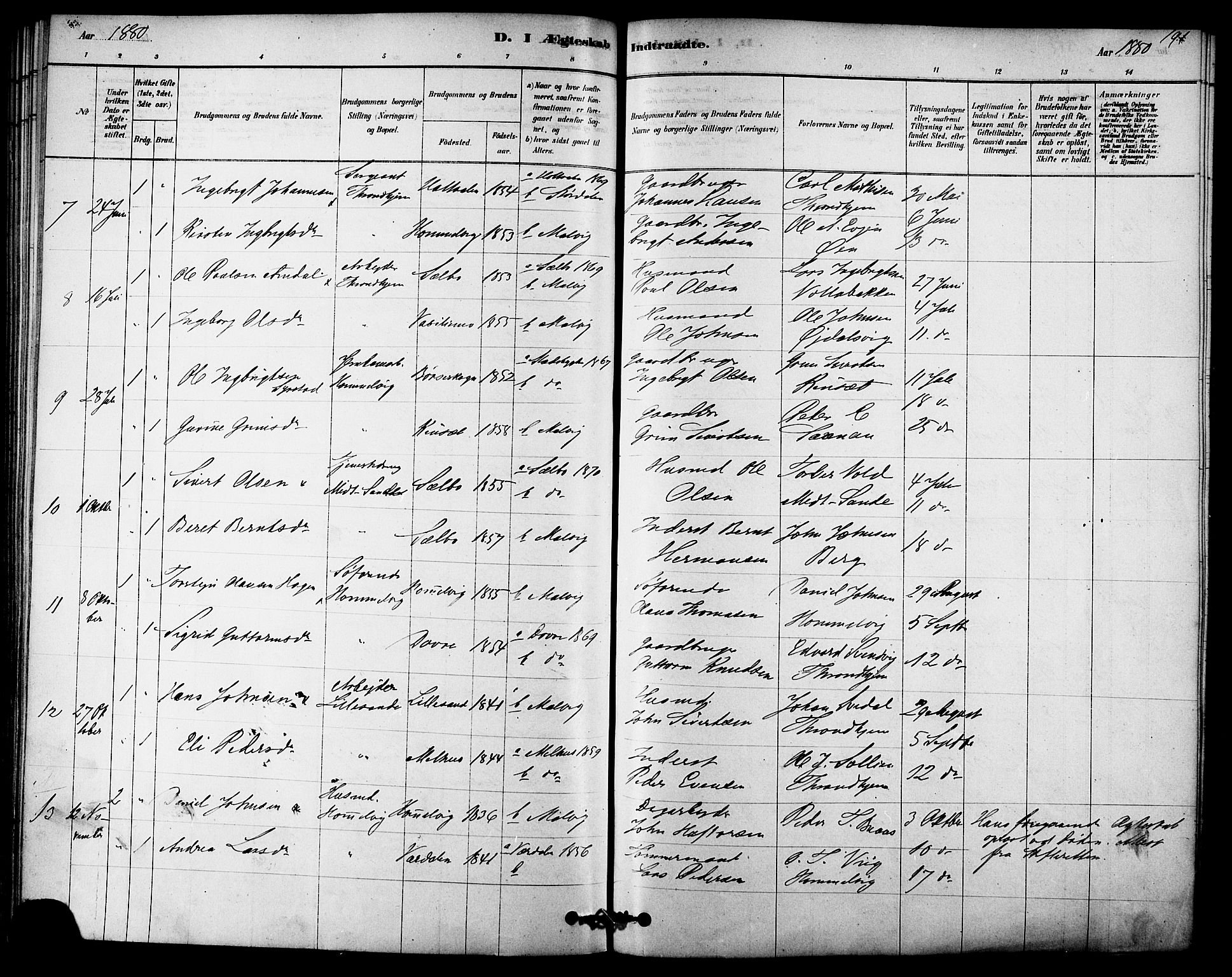 Ministerialprotokoller, klokkerbøker og fødselsregistre - Sør-Trøndelag, SAT/A-1456/616/L0410: Parish register (official) no. 616A07, 1878-1893, p. 191
