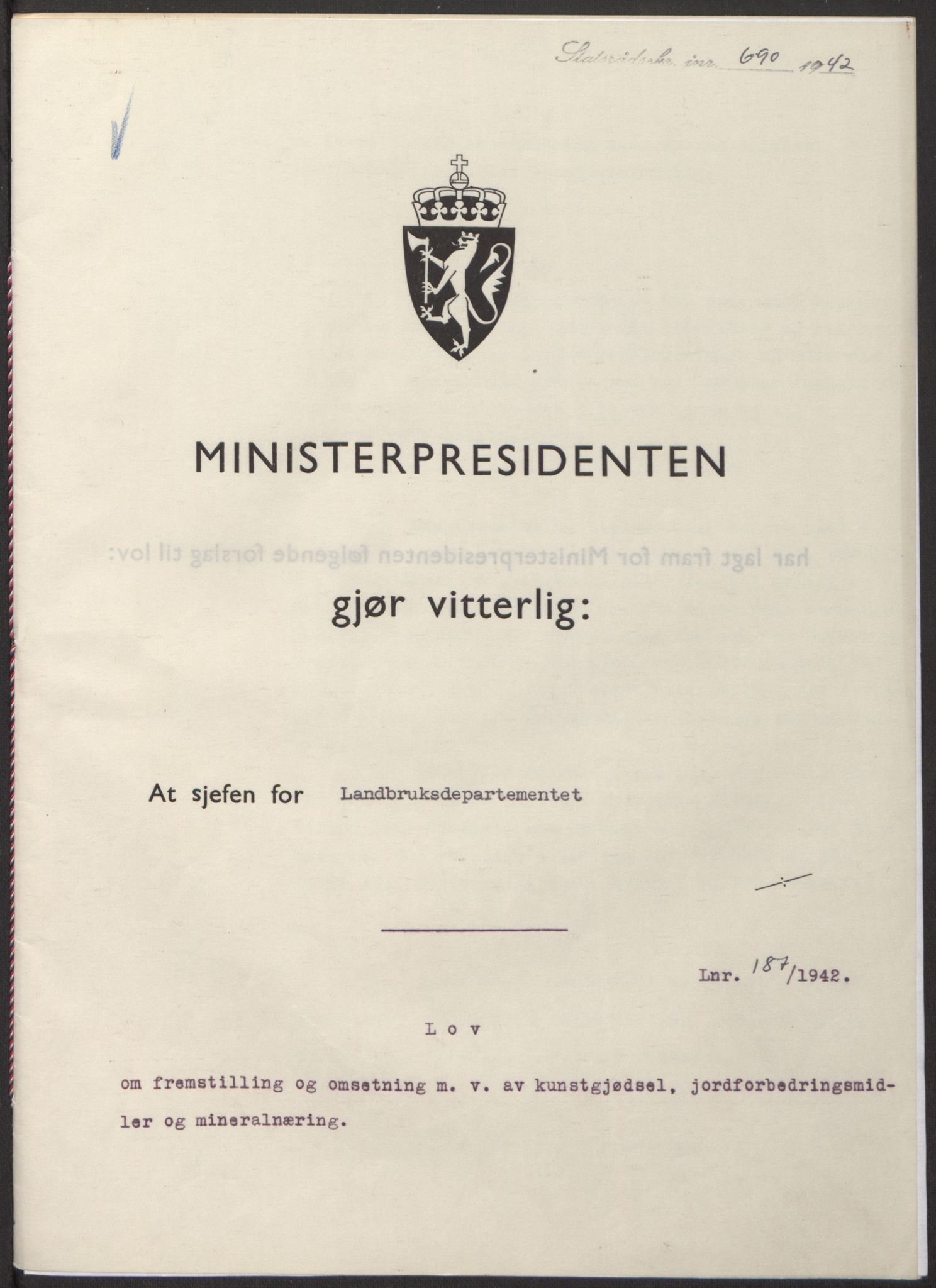 NS-administrasjonen 1940-1945 (Statsrådsekretariatet, de kommisariske statsråder mm), RA/S-4279/D/Db/L0098: Lover II, 1942, p. 353