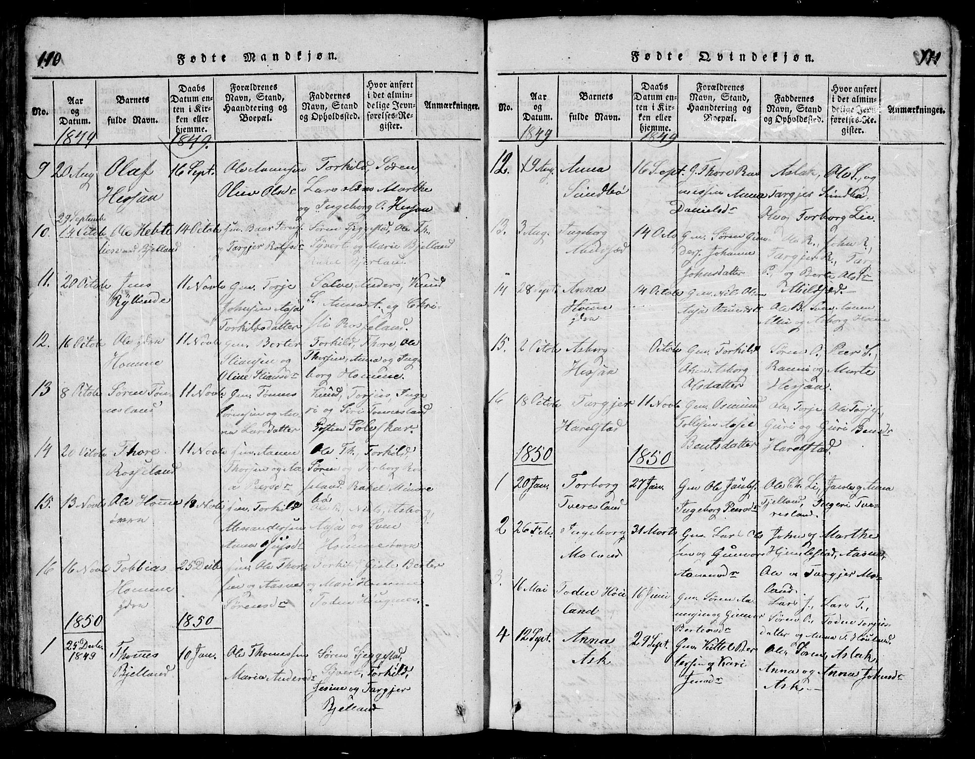 Bjelland sokneprestkontor, AV/SAK-1111-0005/F/Fb/Fba/L0003: Parish register (copy) no. B 3, 1816-1870, p. 110-111