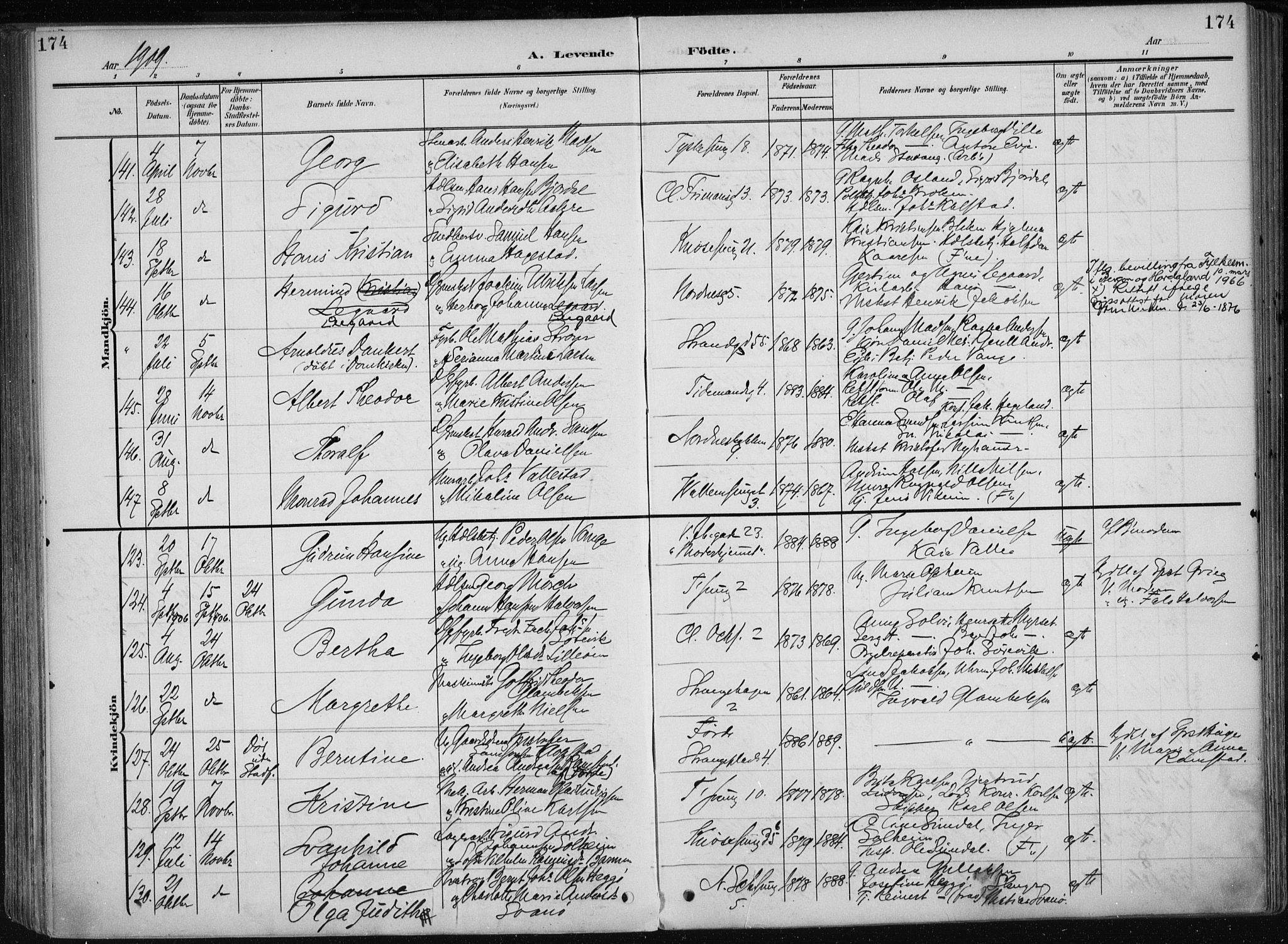 Nykirken Sokneprestembete, AV/SAB-A-77101/H/Haa/L0019: Parish register (official) no. B 7, 1904-1916, p. 174