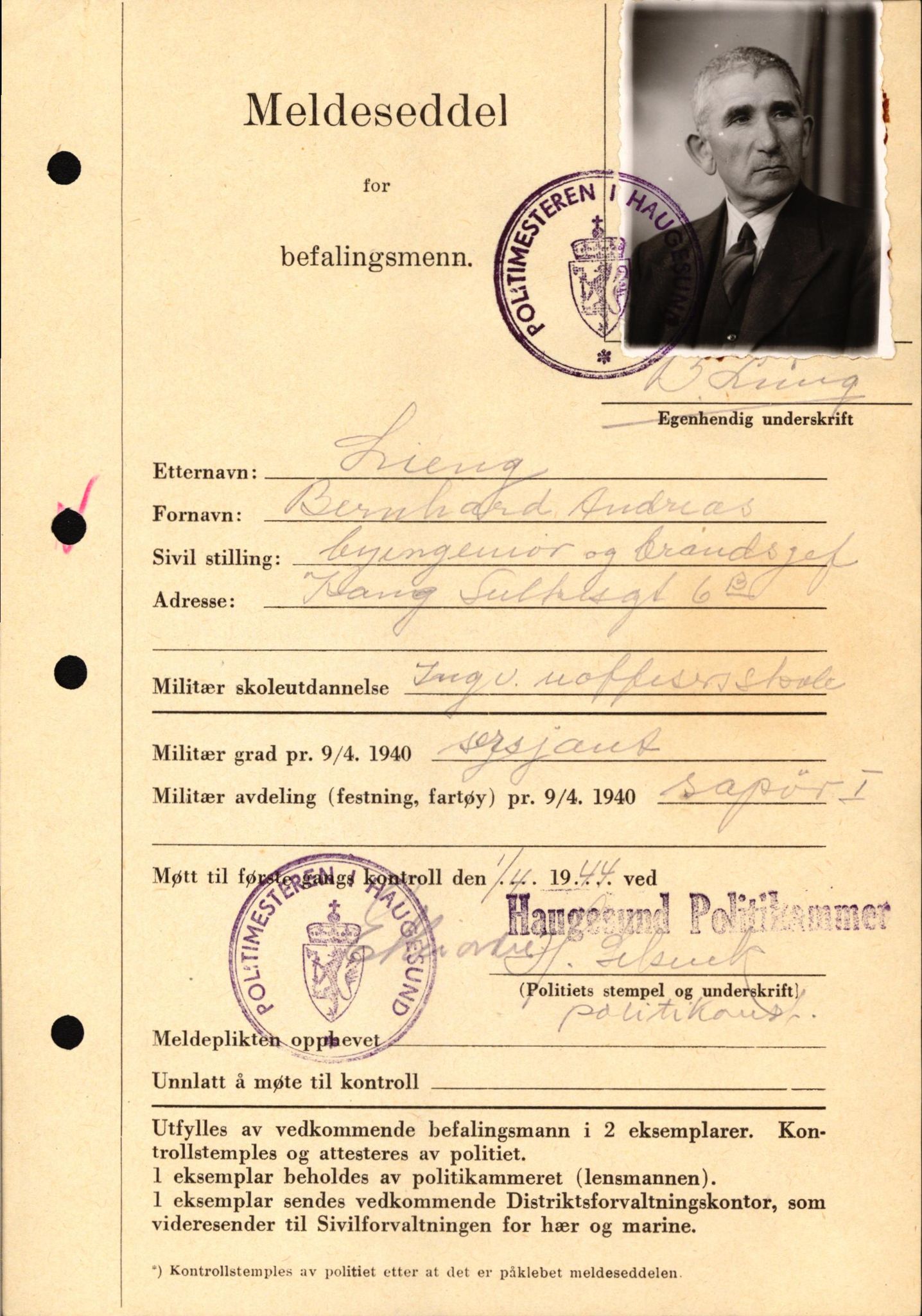Forsvaret, Forsvarets krigshistoriske avdeling, AV/RA-RAFA-2017/Y/Yf/L0209: II-C-11-2121  -  Okkupasjonstiden.  Meldesedler for befal med foto og oppl. om militær grad 9. apr. 1940., 1944-1945, p. 84