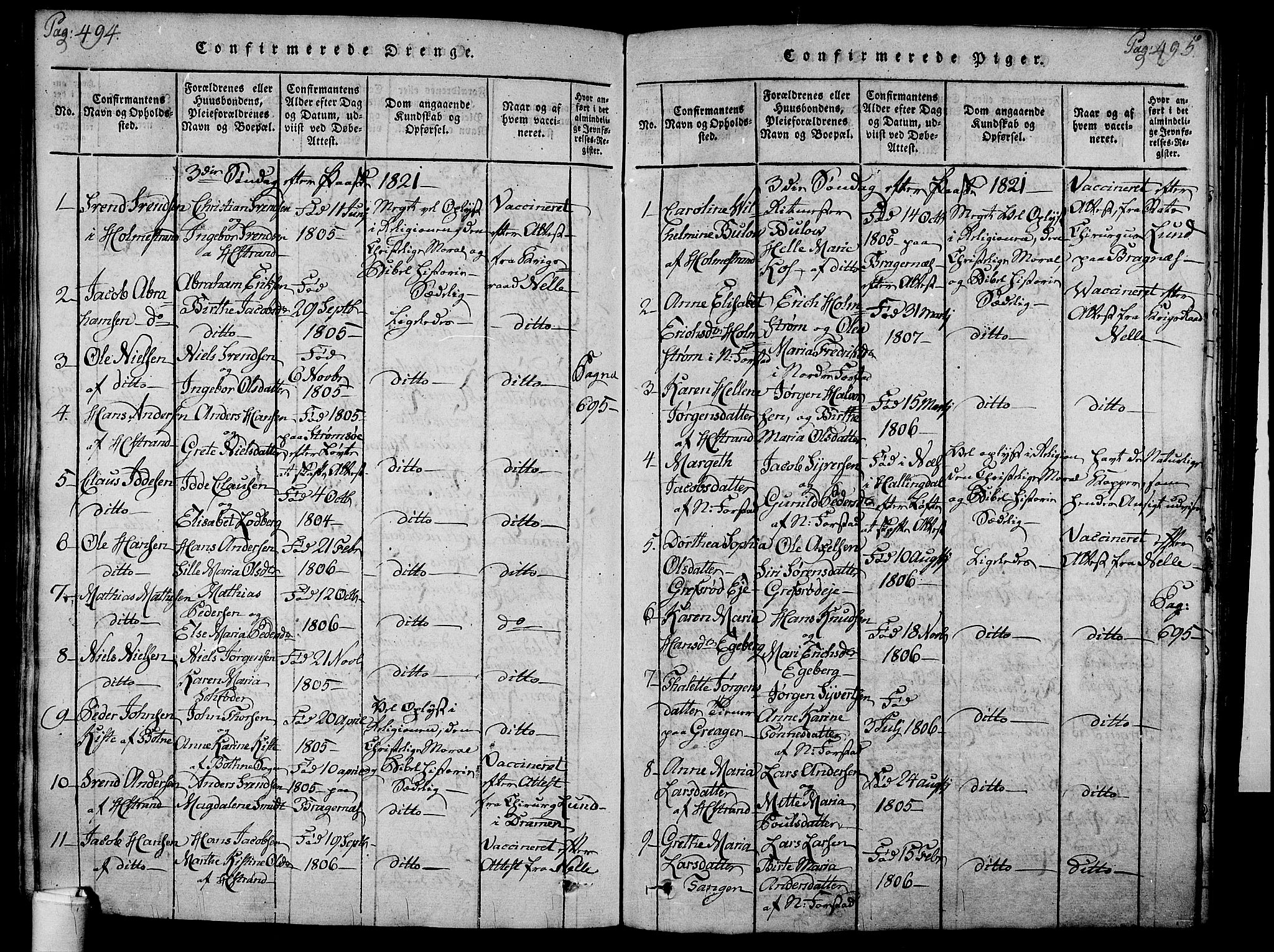 Holmestrand kirkebøker, AV/SAKO-A-346/F/Fa/L0001: Parish register (official) no. 1, 1814-1840, p. 494-495