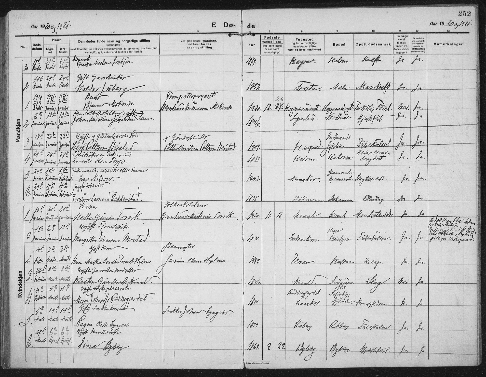 Ministerialprotokoller, klokkerbøker og fødselsregistre - Nord-Trøndelag, SAT/A-1458/709/L0083: Parish register (official) no. 709A23, 1916-1928, p. 252