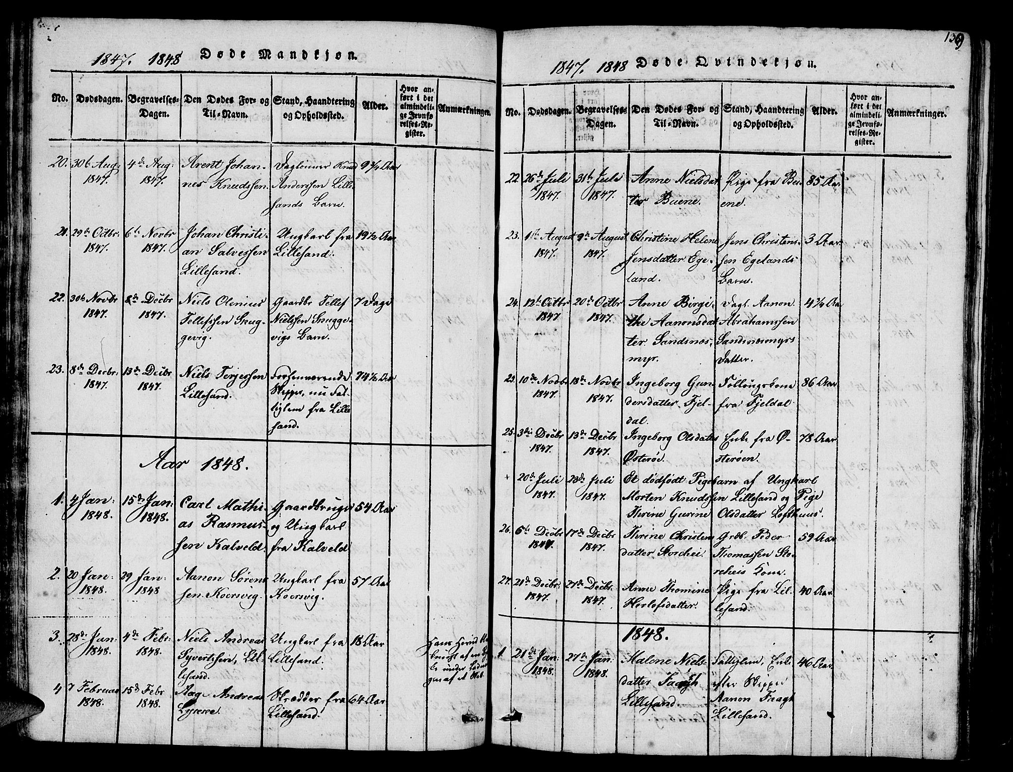 Vestre Moland sokneprestkontor, SAK/1111-0046/F/Fb/Fbb/L0001: Parish register (copy) no. B 1, 1816-1851, p. 139