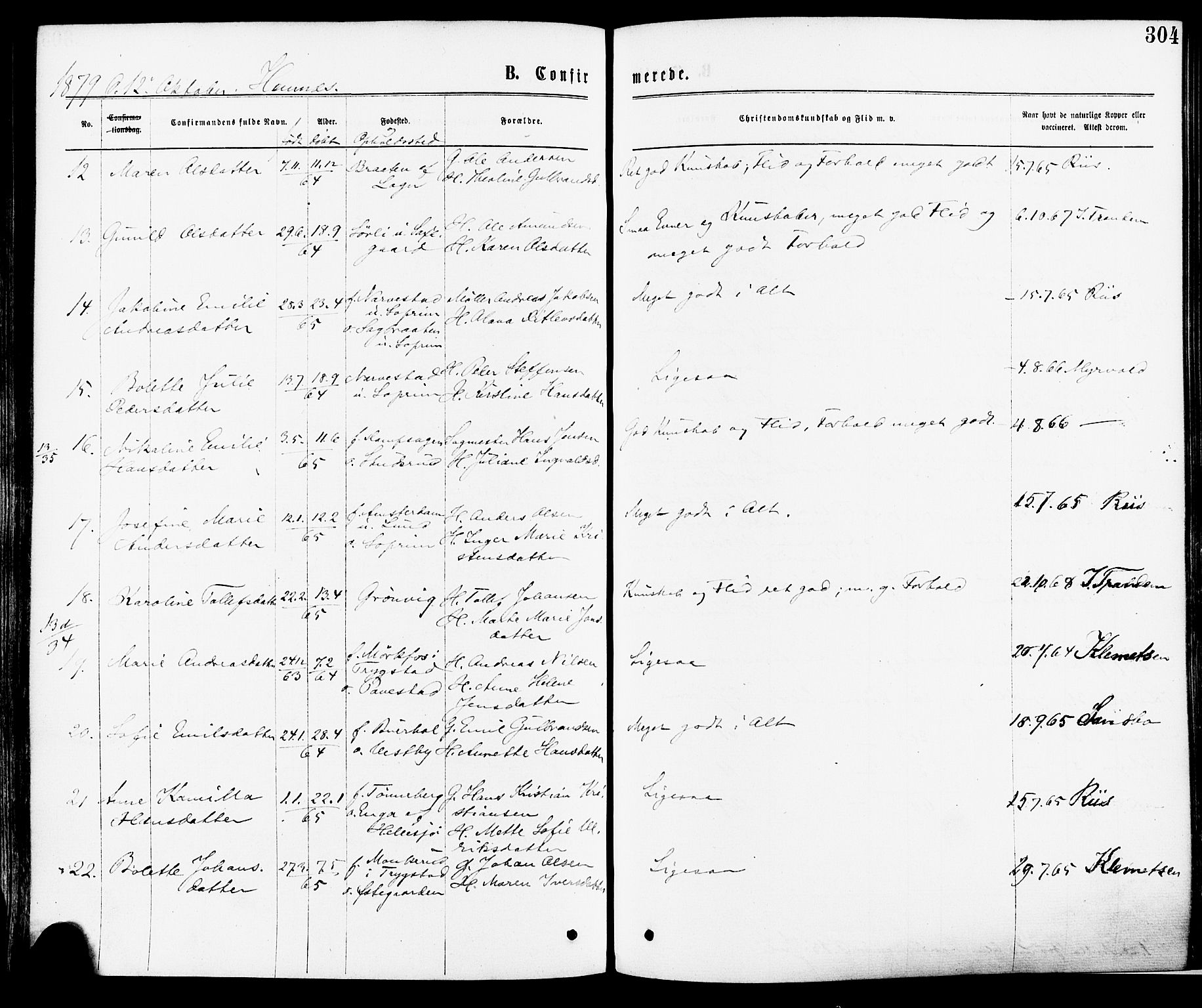 Høland prestekontor Kirkebøker, SAO/A-10346a/F/Fa/L0012.a: Parish register (official) no. I 12A, 1869-1879, p. 304