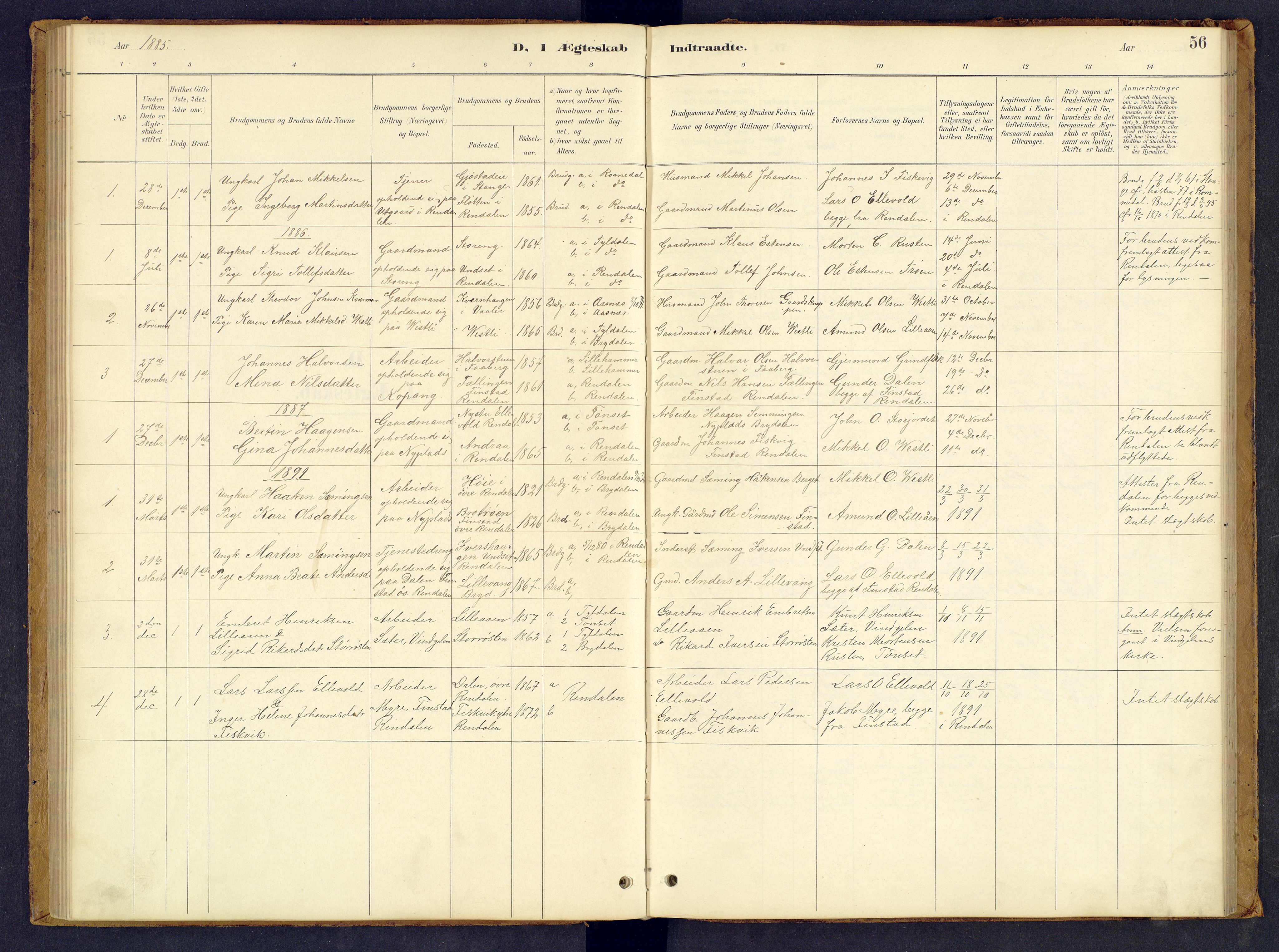 Tynset prestekontor, SAH/PREST-058/H/Ha/Hab/L0008: Parish register (copy) no. 8, 1884-1916, p. 56