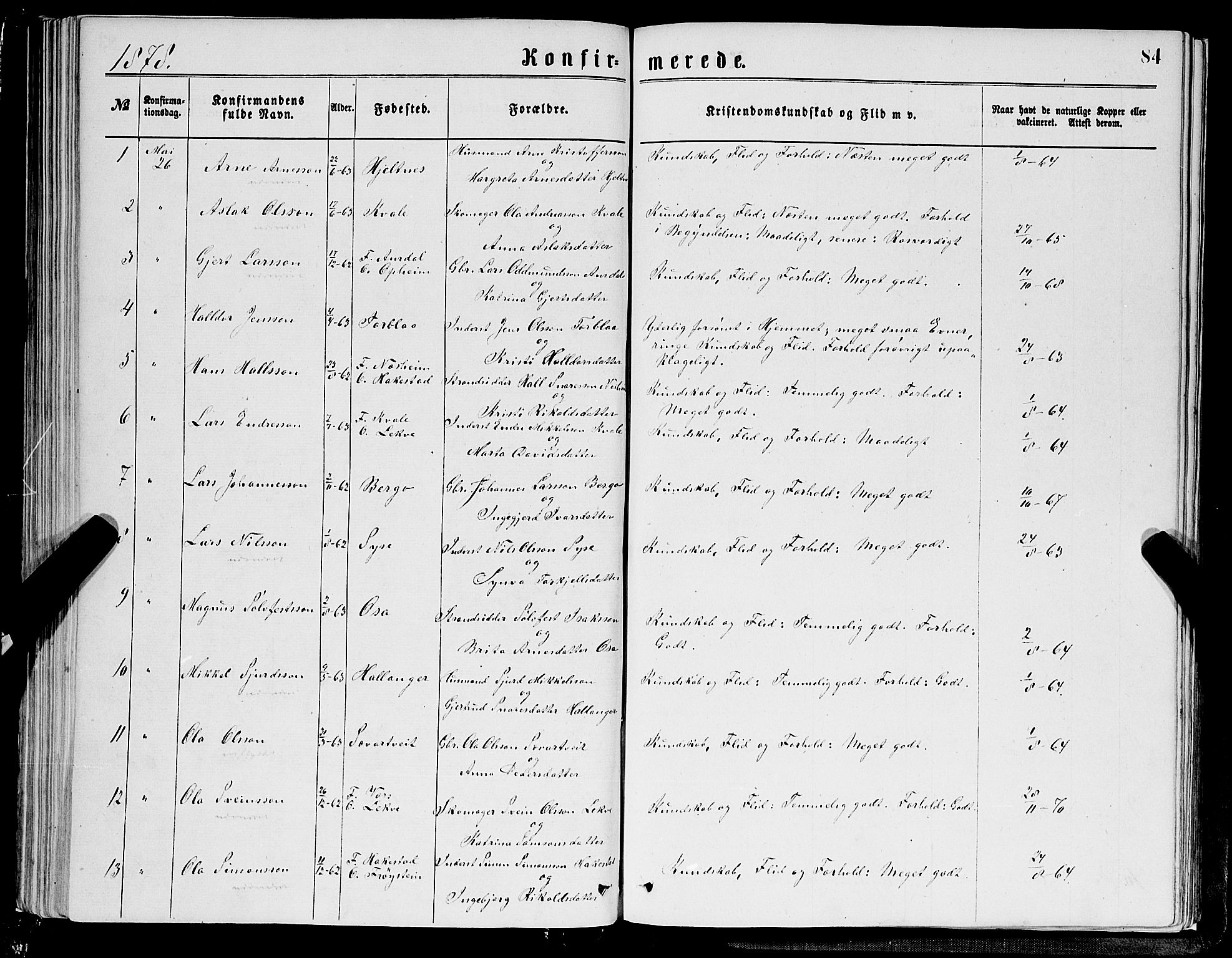 Ulvik sokneprestembete, SAB/A-78801/H/Hab: Parish register (copy) no. A 2, 1869-1882, p. 84