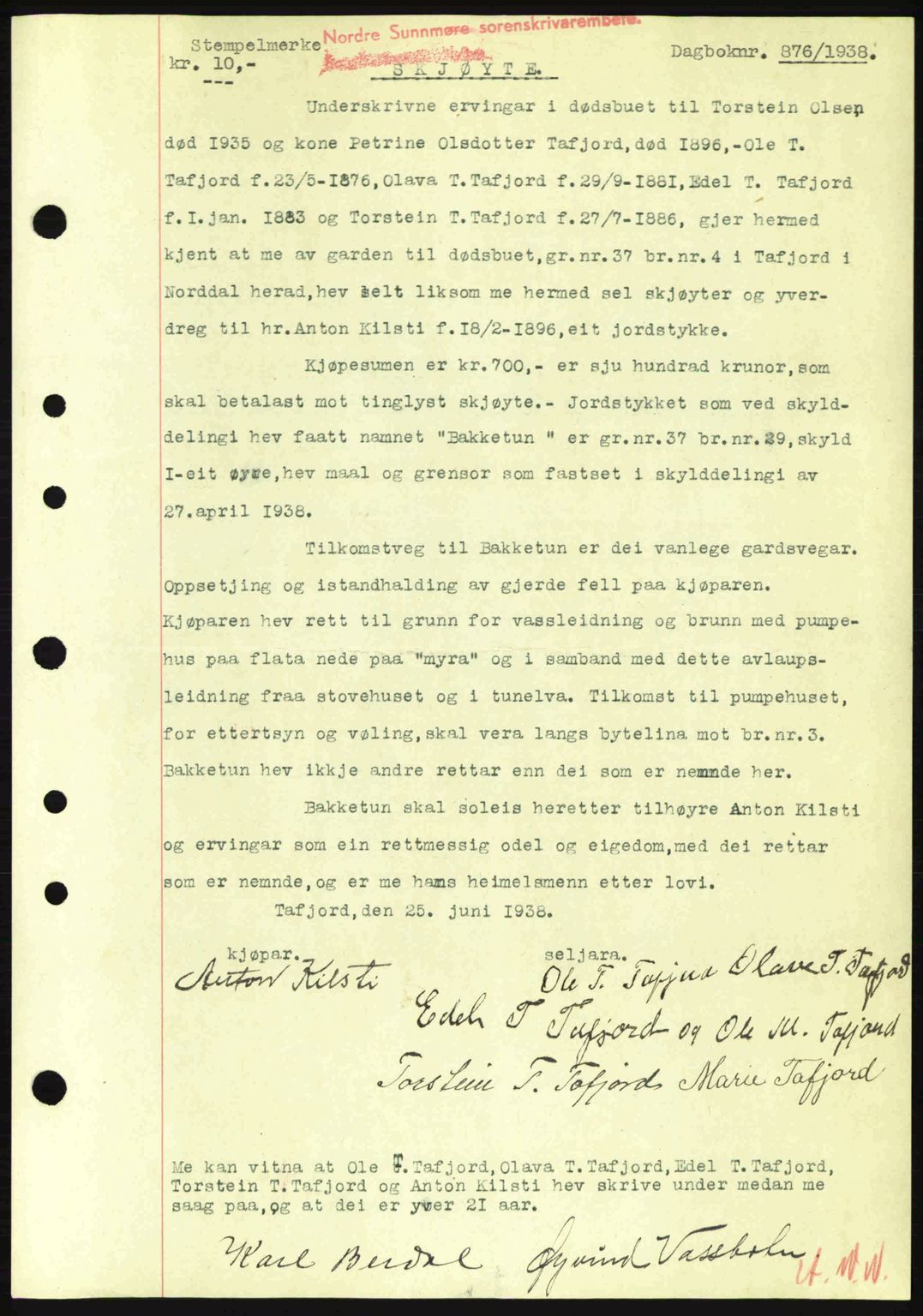 Nordre Sunnmøre sorenskriveri, AV/SAT-A-0006/1/2/2C/2Ca: Mortgage book no. A4, 1937-1938, Diary no: : 876/1938