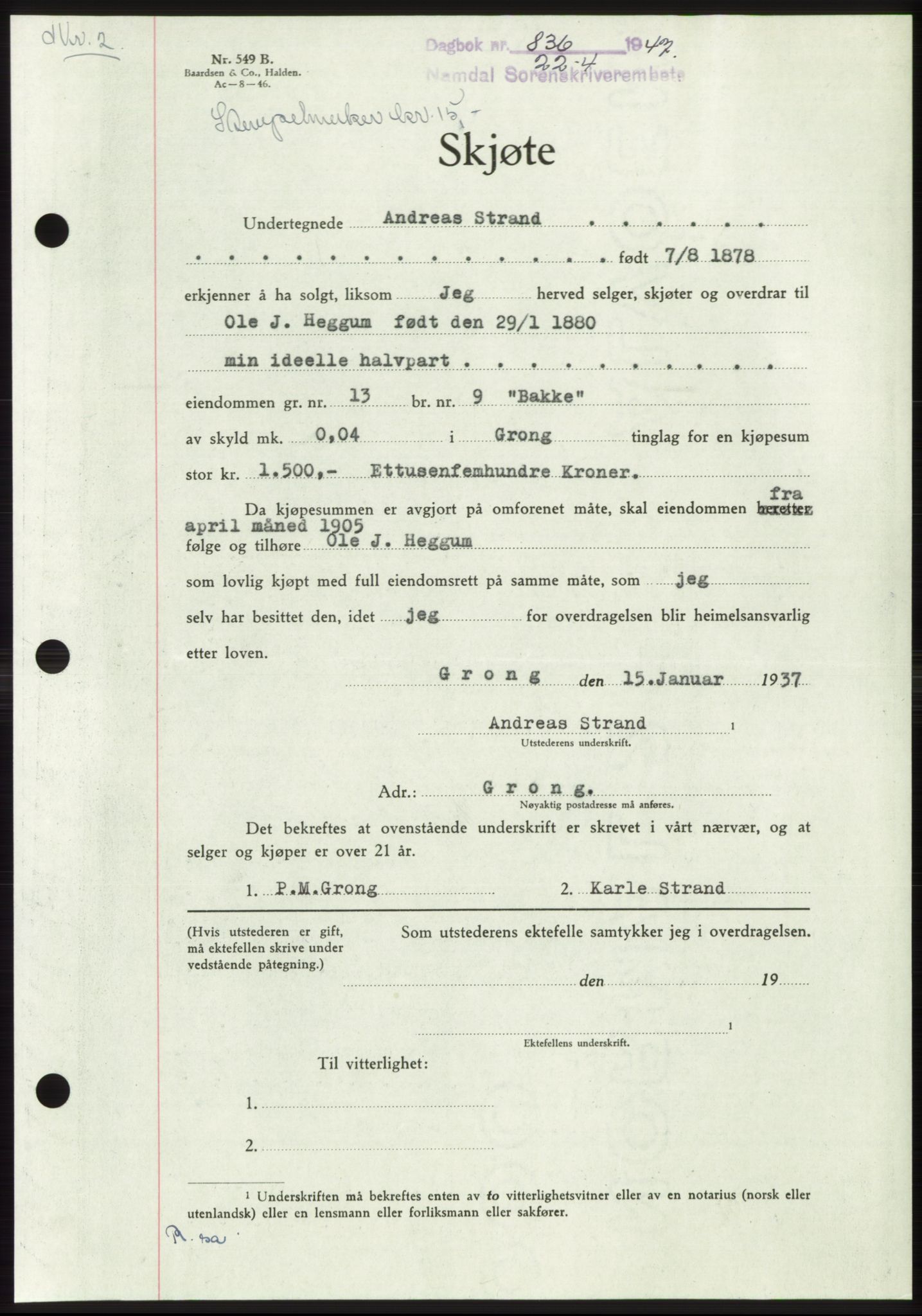 Namdal sorenskriveri, AV/SAT-A-4133/1/2/2C: Mortgage book no. -, 1947-1947, Diary no: : 836/1947