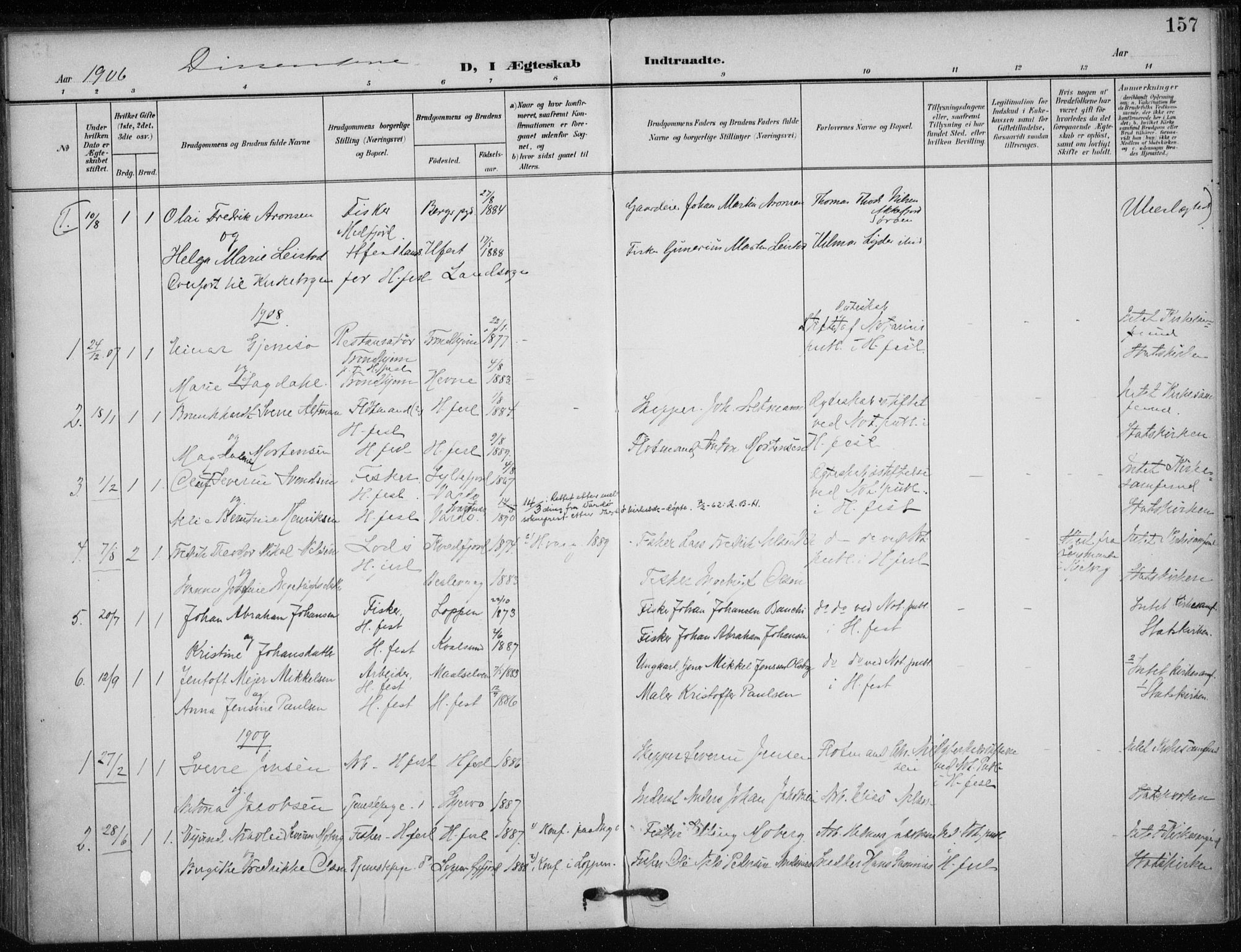 Hammerfest sokneprestkontor, SATØ/S-1347/H/Ha/L0014.kirke: Parish register (official) no. 14, 1906-1916, p. 157