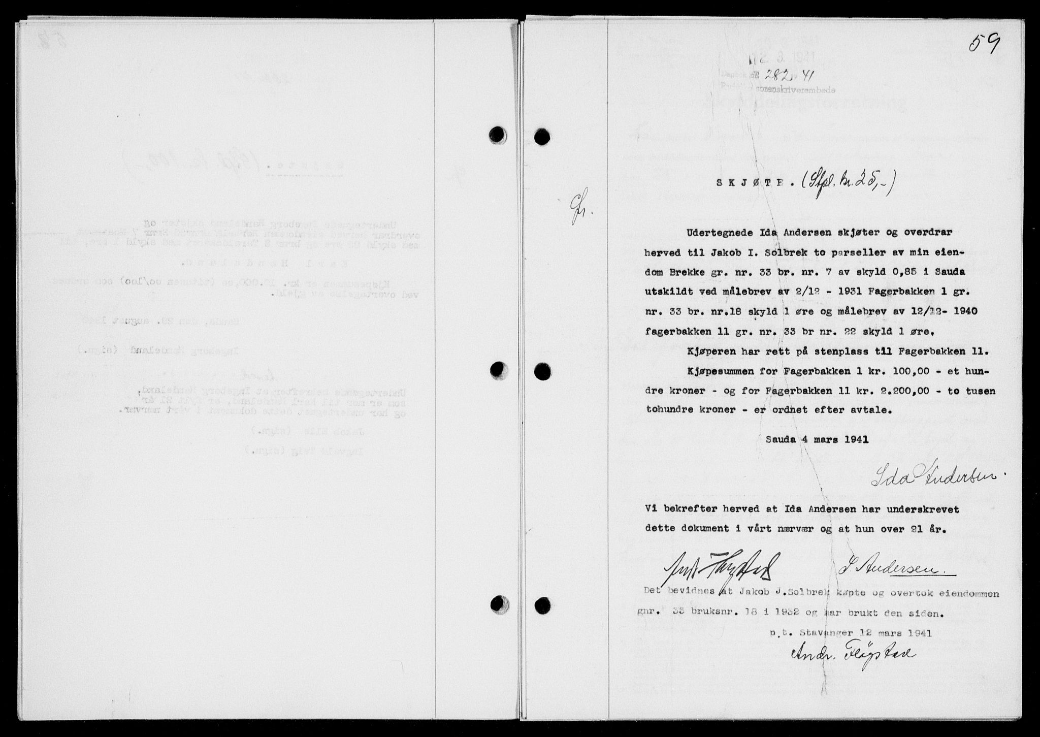 Ryfylke tingrett, SAST/A-100055/001/II/IIB/L0085: Mortgage book no. 64, 1941-1941, Diary no: : 282/1941