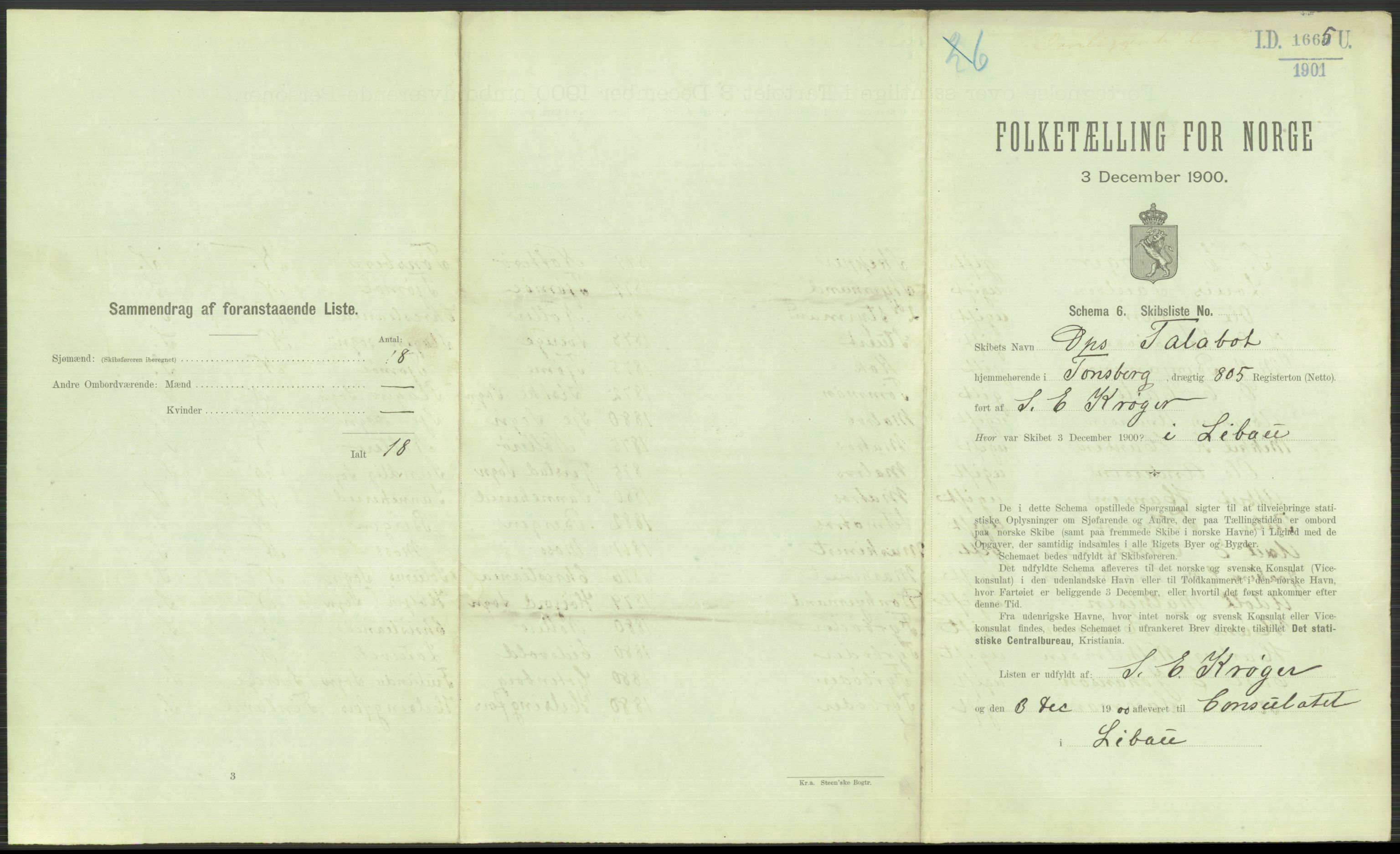 RA, 1900 Census - ship lists from ships in Norwegian harbours, harbours abroad and at sea, 1900, p. 3703