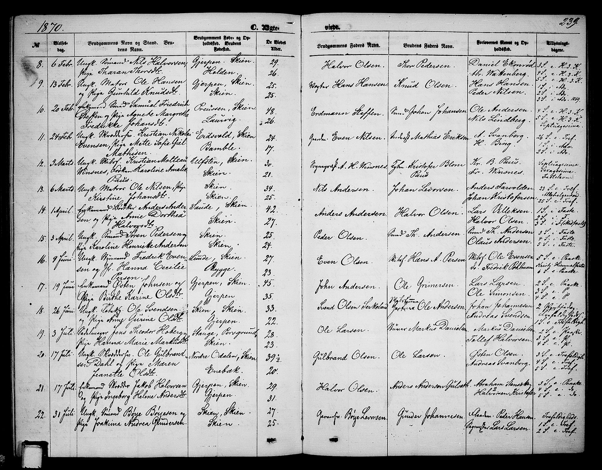 Skien kirkebøker, SAKO/A-302/G/Ga/L0005: Parish register (copy) no. 5, 1868-1880, p. 239