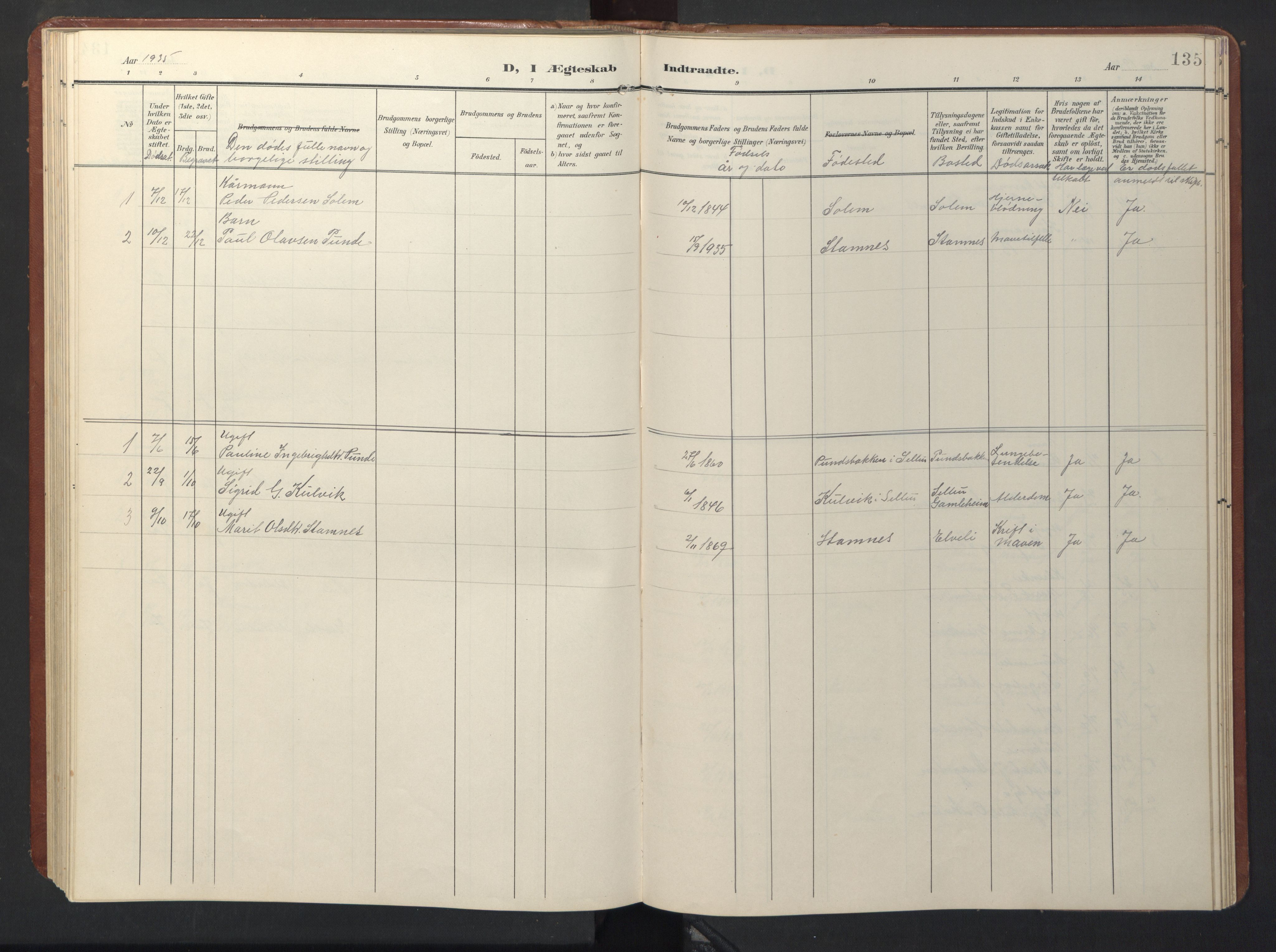 Ministerialprotokoller, klokkerbøker og fødselsregistre - Sør-Trøndelag, SAT/A-1456/696/L1161: Parish register (copy) no. 696C01, 1902-1950, p. 135