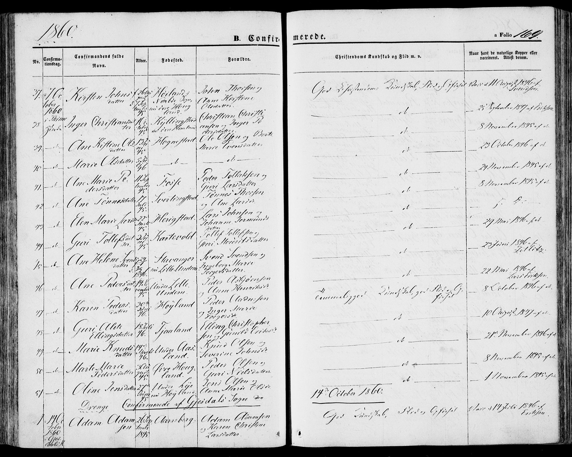 Lye sokneprestkontor, SAST/A-101794/001/30BA/L0007: Parish register (official) no. A 6, 1856-1871, p. 169