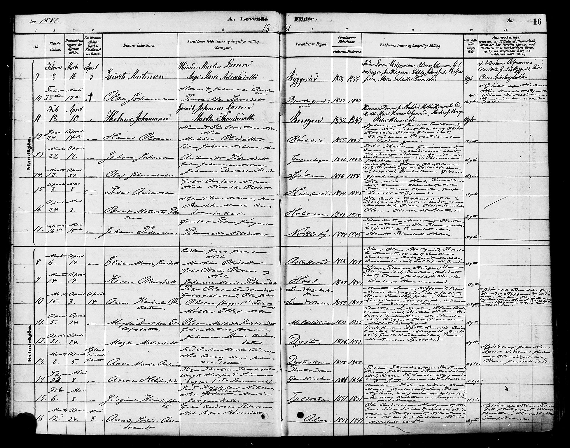 Vestre Toten prestekontor, AV/SAH-PREST-108/H/Ha/Haa/L0010: Parish register (official) no. 10, 1878-1894, p. 16