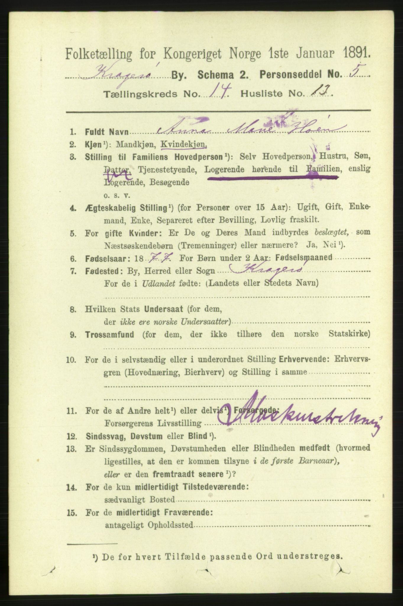 RA, 1891 census for 0801 Kragerø, 1891, p. 4173