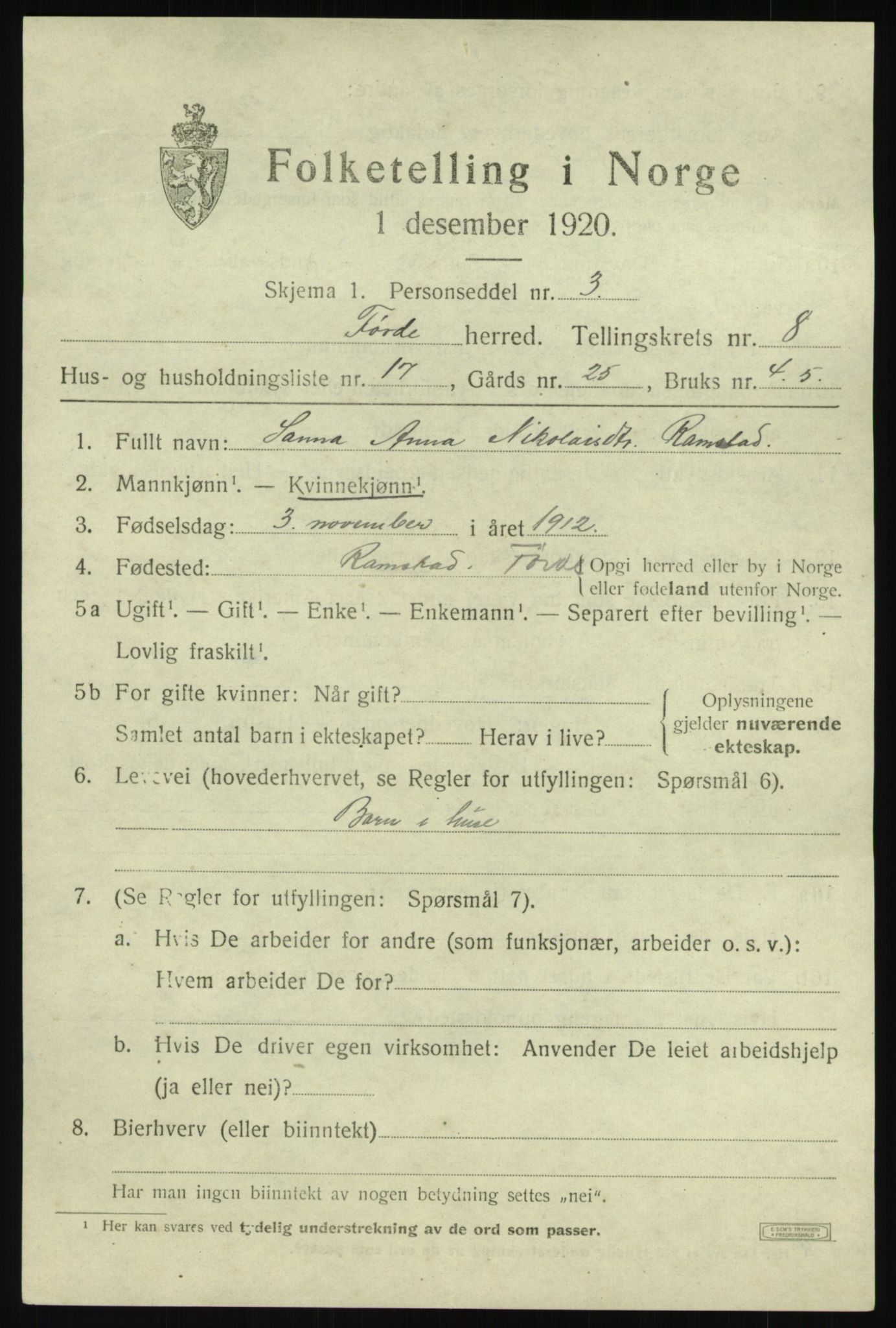 SAB, 1920 census for Førde, 1920, p. 3358