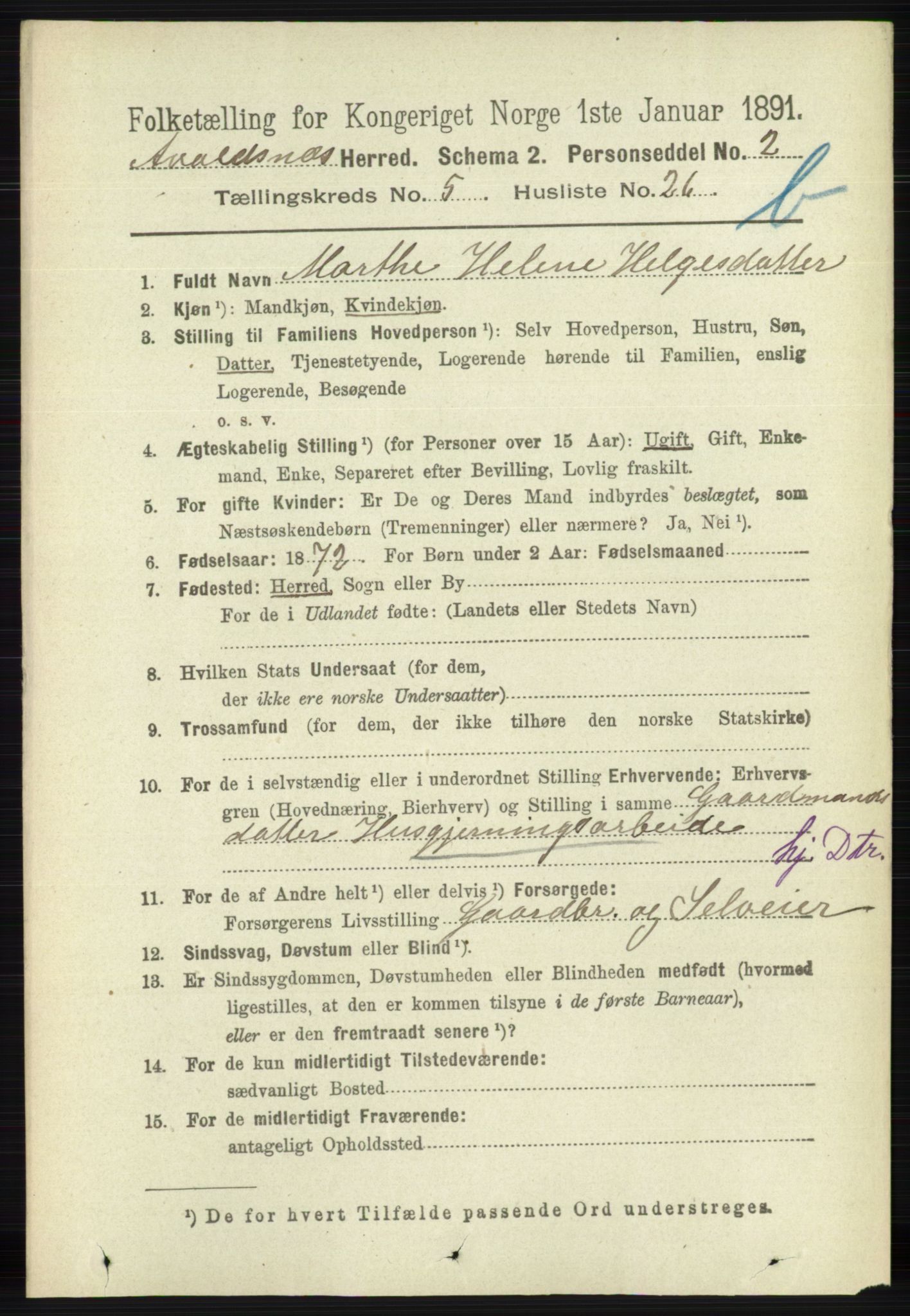 RA, 1891 census for 1147 Avaldsnes, 1891, p. 3140