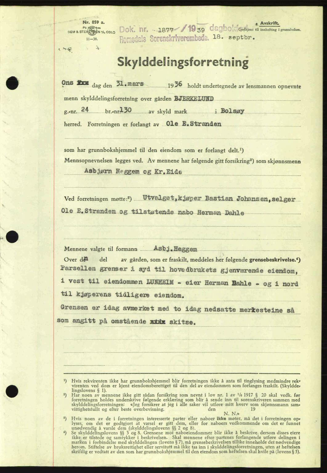 Romsdal sorenskriveri, AV/SAT-A-4149/1/2/2C: Mortgage book no. A7, 1939-1939, Diary no: : 1877/1939