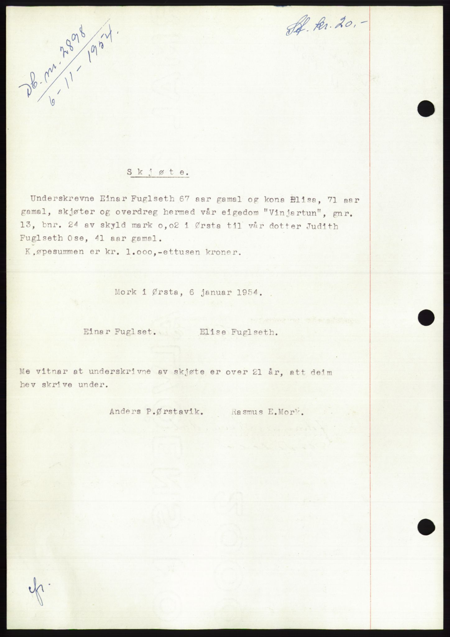 Søre Sunnmøre sorenskriveri, AV/SAT-A-4122/1/2/2C/L0099: Mortgage book no. 25A, 1954-1954, Diary no: : 2898/1954